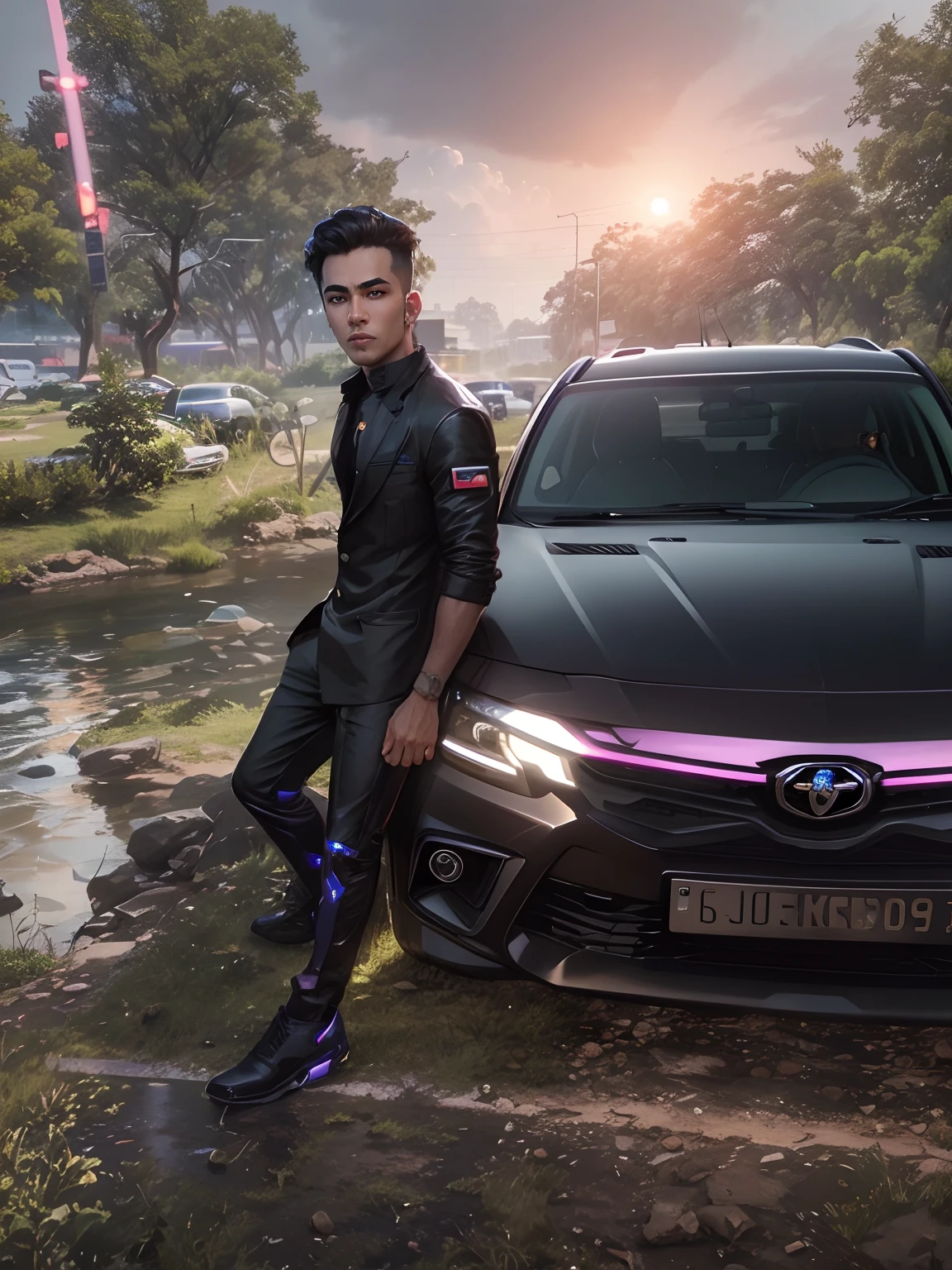 Change background cyberpunk handsome boy, change car to toyata fortuner, realistic face, 8k, ultra realistic