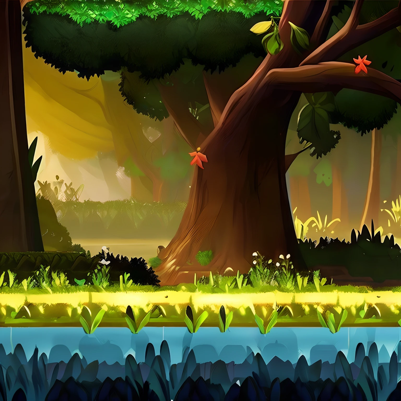 There is a horizontal platform of a mystical forest in a concept art for a 2D game, arte conceitual, paisagem horizonal, jogo de plataforma 2d, Plataformas :1.2, (obra prima),(melhor qualidade), 8k, dynamic light, dynamic shadows, Videogame