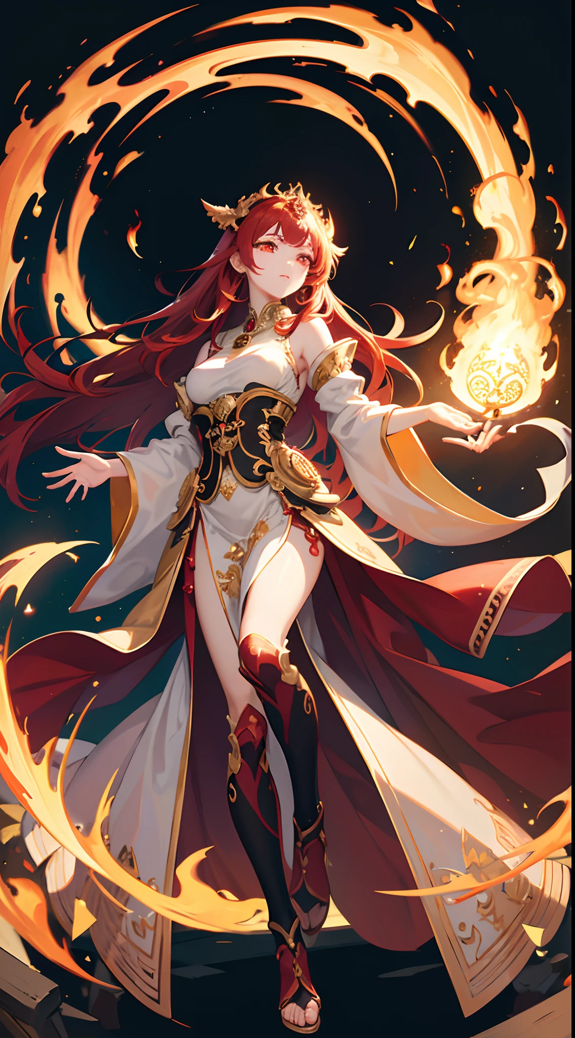 digital art, full body, masterpiece, best quality, in the center of the frame, 1girl, empress, imposing pose, ((casting a spell)) detailed face, super detailed glowing red eyes, ((glowin eyes:1.2)) long flowing red hair, detailed hair, inside a temple, well lit, illuminated environment, solo, looking at viewer, long ceremonial costume, (((surrounding flames))), front lighting, 8K,