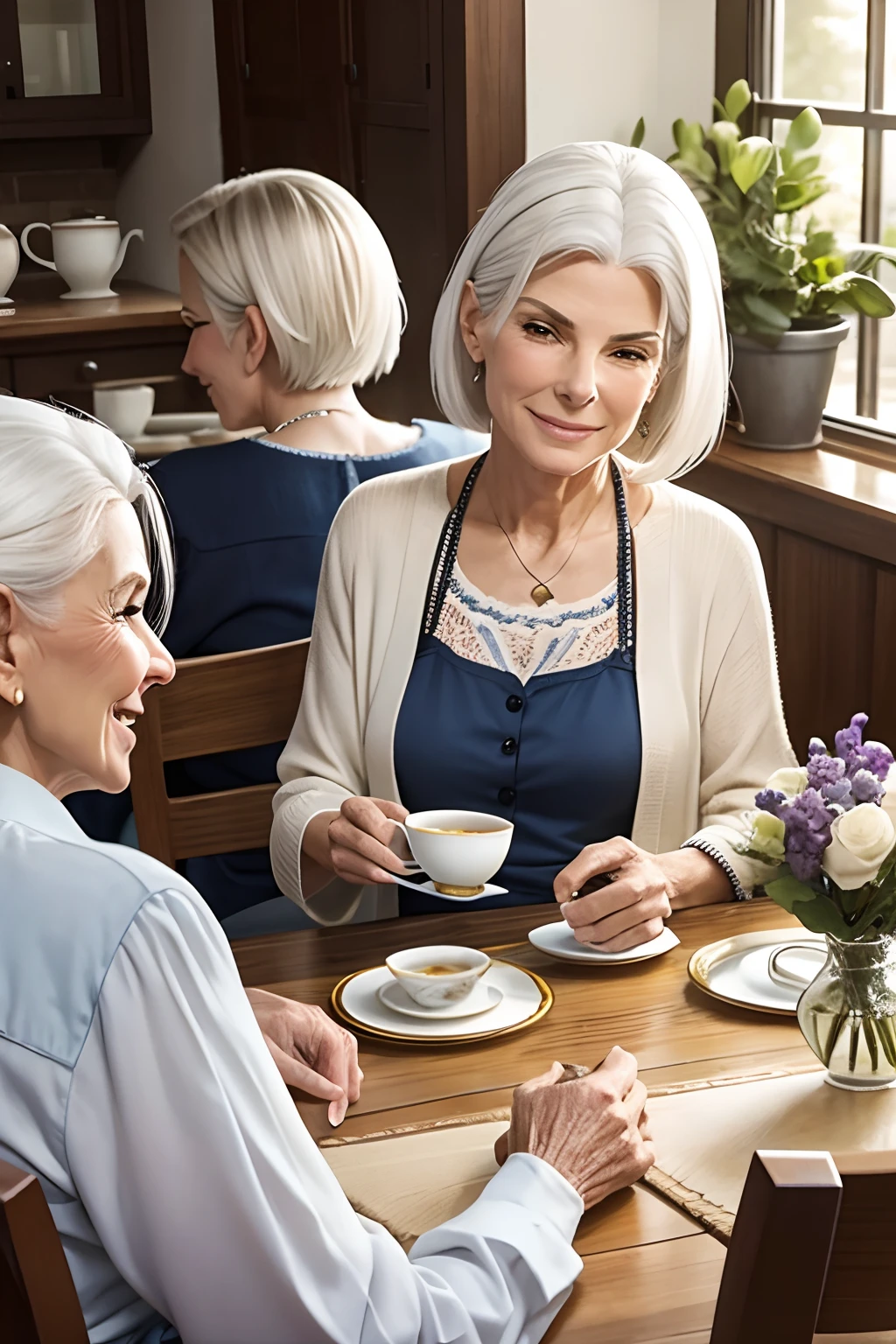 Elderly woman looking like Sandra Bullock with white hair having tea with friends and smiling