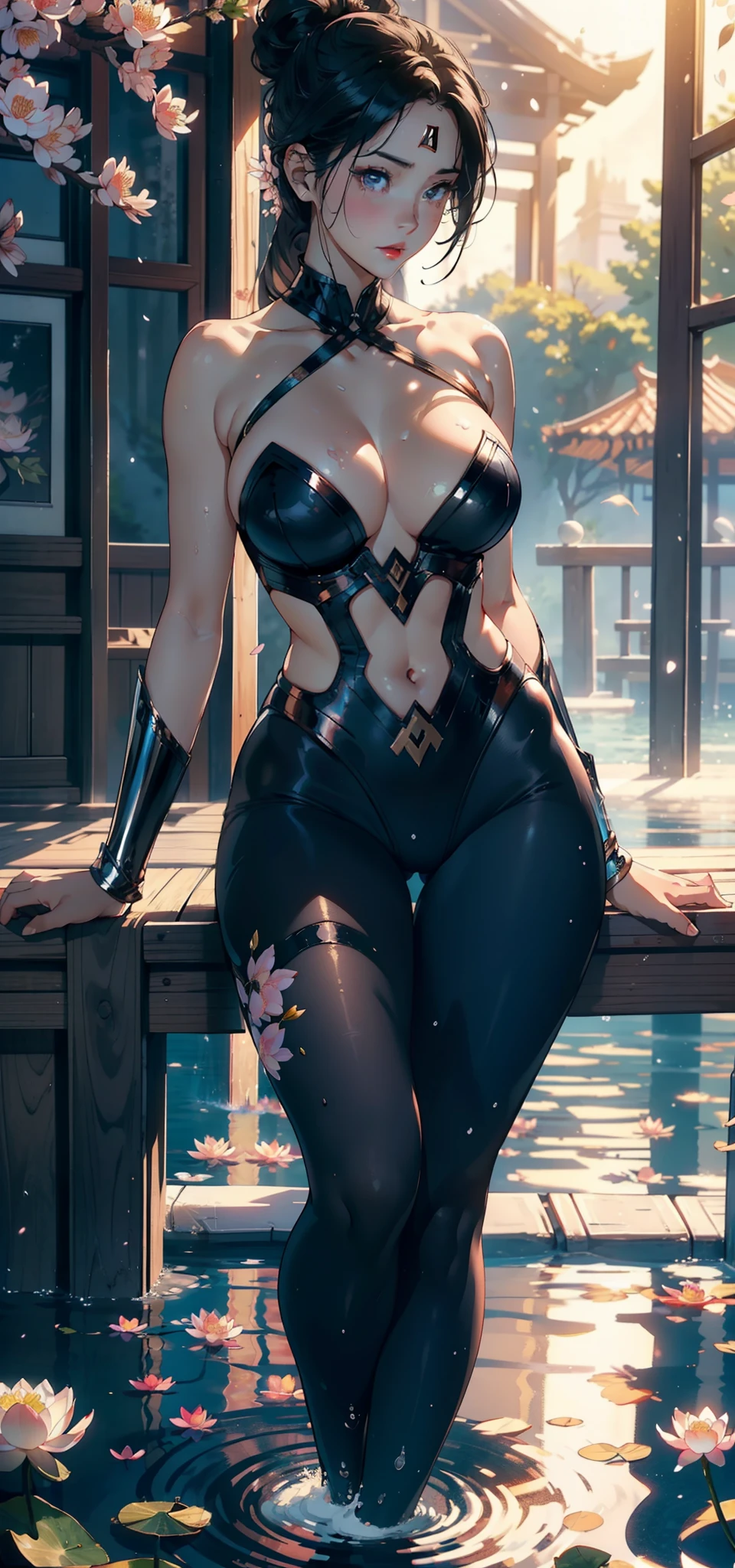 1female,35yo,plumw,extremely large bosom,Big breasts Thin waist,Long legs, 独奏,(Background with:Cherry blossom forest,lotus flower,Swimming pool),legs are open,Bare genitalia,Bare , She has short black hair,Stand on a lotus leaf,seen from the front, single hair bun, mostly cloudy sky,(((tmasterpiece),(Very detailed CG unity 8K wallpaper),best qualtiy,cinmatic lighting,detailed back ground,beatiful detailed eyes,Bright pupils,Black eyes,Snow-whiteskin,Redlip(Very fine and beautiful),(Beautiful and detailed eye description),ultra - detailed,tmasterpiece,))facing at camera,A high resolution,ultra - detailed),revealing breasts,Bare genitalia, Bulge,legs are open,Raised sexy,Camel toes,Flushed complexion,Desire for dissatisfaction,frontage,Swimmer,swim wears,Black tights,Wonder Woman uniform