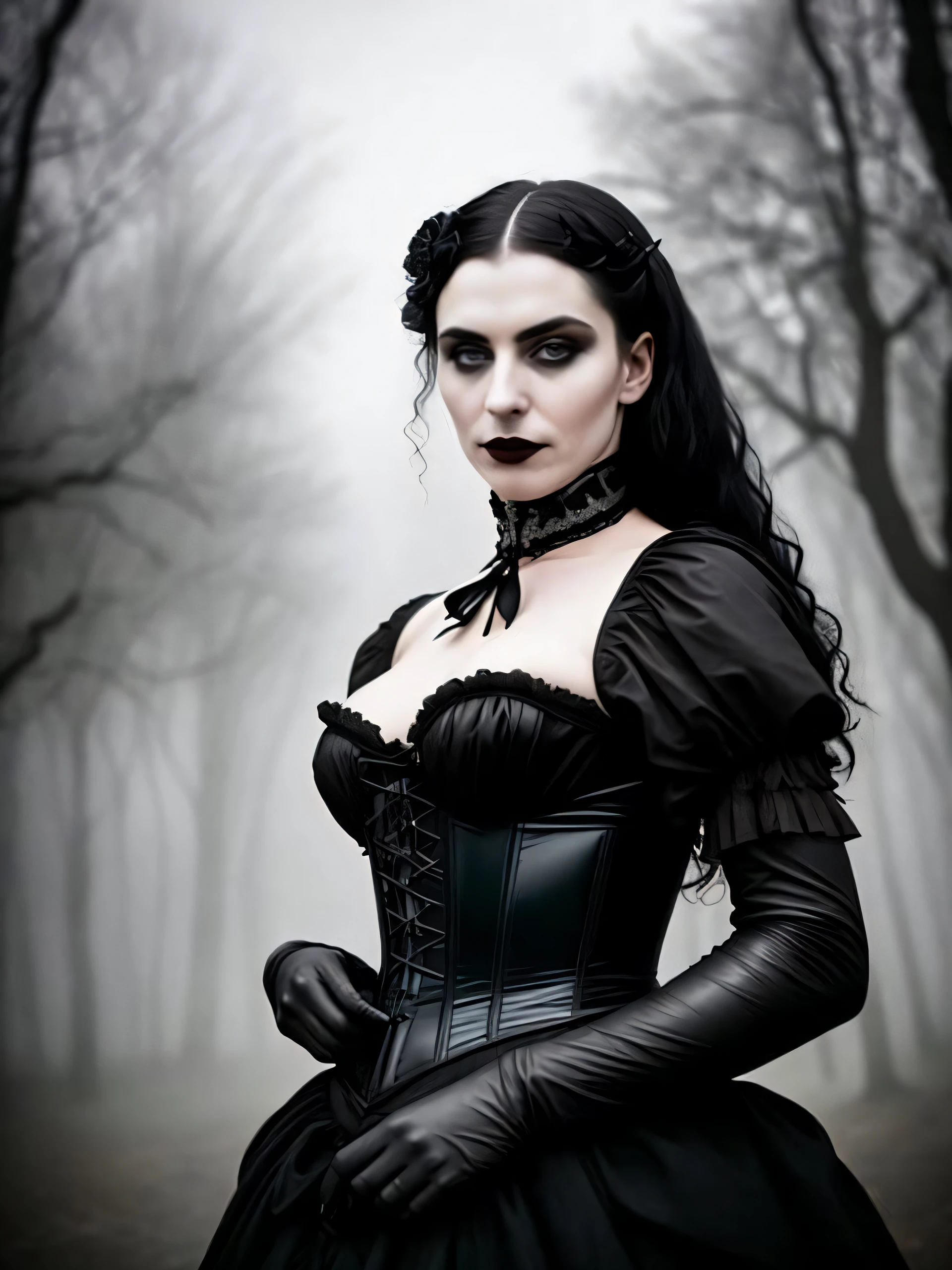 award winning RAW color photo of victorian era vampire woman+ wearing black dress leather corset, dark foggy village, night ominous dark foreboding, mist, moonrays, vivid alluring eyes, pale skin, (black hair)+, shallow depth of field, high contrast, backlighting, bloom, chromatic aberration, smooth, sharp focus, taken on a mirrorless camera
