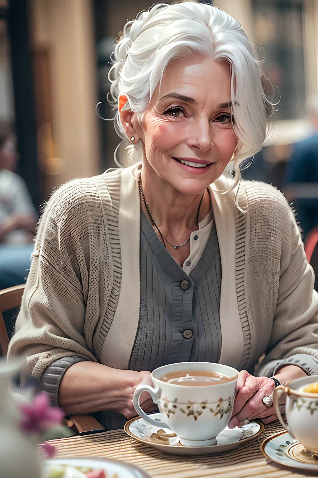 Elderly woman looking like Sandra Bullock with white hair having tea with friends and smiling