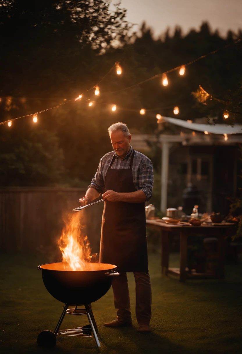 portrait of a father grilling bbq in the backyard at sunset