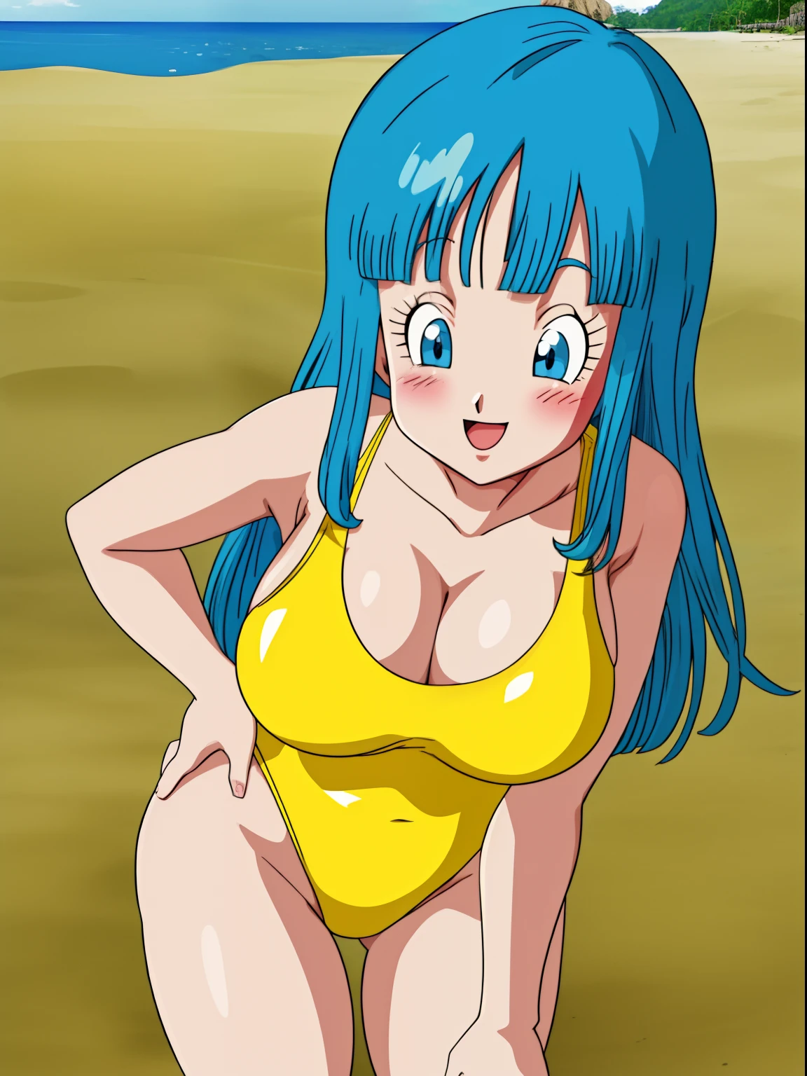 best quality,masterpiece,maron, beach, ocean, ((yellow one-piece swimsuit)), blue eyes, aqua hair, goggles on head, smile, happy, blush, blunt bangs, long hair cleavage contrapposto,leaning forward,huge breasts,1girl, solo, Wide hips, hands on hip,