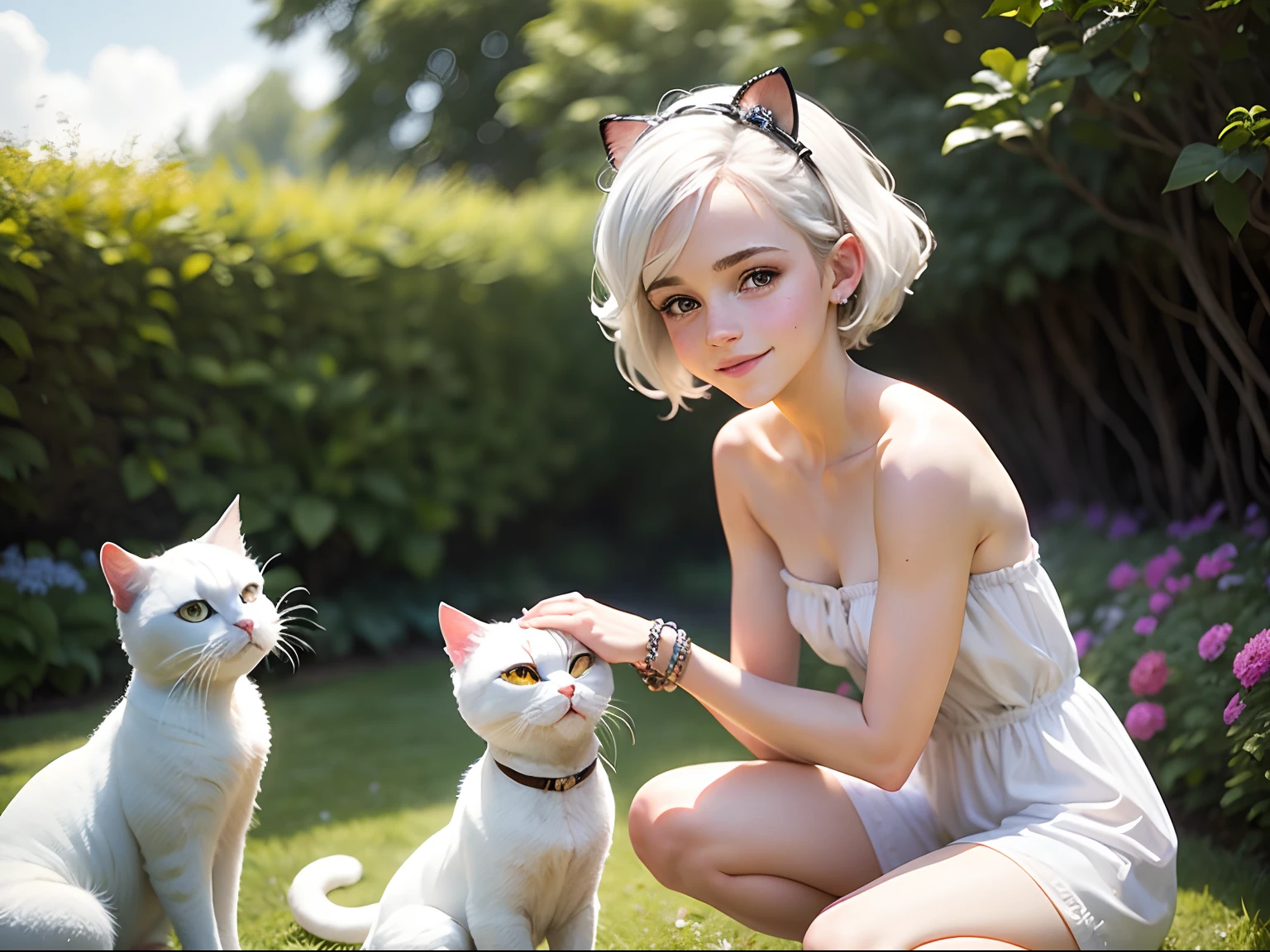 tween Emma Watson wearing a white strapless playsuit in the garden stroking a white cat, small bust, small chest, cute smile, white hair accessories, white bracelet. white hair.