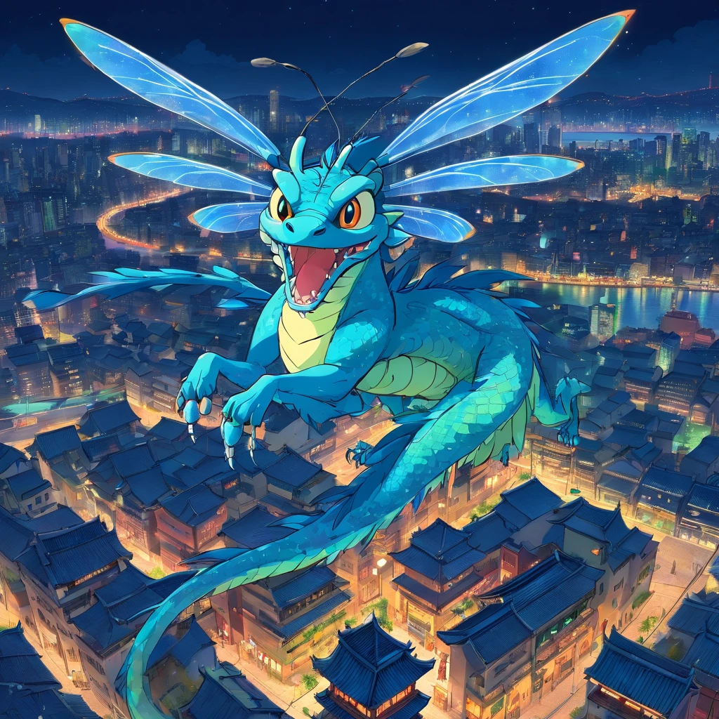 Chinese dragon flies very high above a huge city at night, image should have a lot of blue