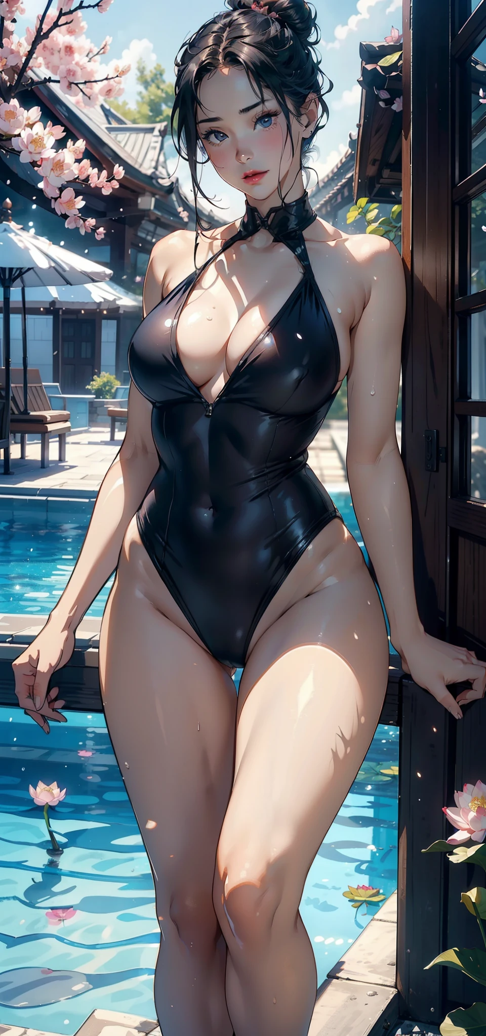 1female，35yo，plumw，extremely large bosom，Big breasts Thin waist，Long legs， 独奏，（Background with：Cherry blossom forest，lotus flower，Swimming pool），legs are open，Bare genitalia，Bare ， She has short black hair，Stand on a lotus leaf，seen from the front， single hair bun， mostly cloudy sky，（（（tmasterpiece），（Very detailed CG unity 8K wallpaper），best qualtiy，cinmatic lighting，detailed back ground，beatiful detailed eyes，Bright pupils，Black eyes，Snow-whiteskin，Redlip（Very fine and beautiful），（Beautiful and detailed eye description），ultra - detailed，tmasterpiece，））facing at camera，A high resolution，ultra - detailed），revealing breasts，Bare genitalia，  Bulge，legs are open，Raised sexy，Camel toes，Flushed complexion，Desire for dissatisfaction，frontage，Swimmer，White transparent swimsuit，Black tights，Wonder Woman uniform