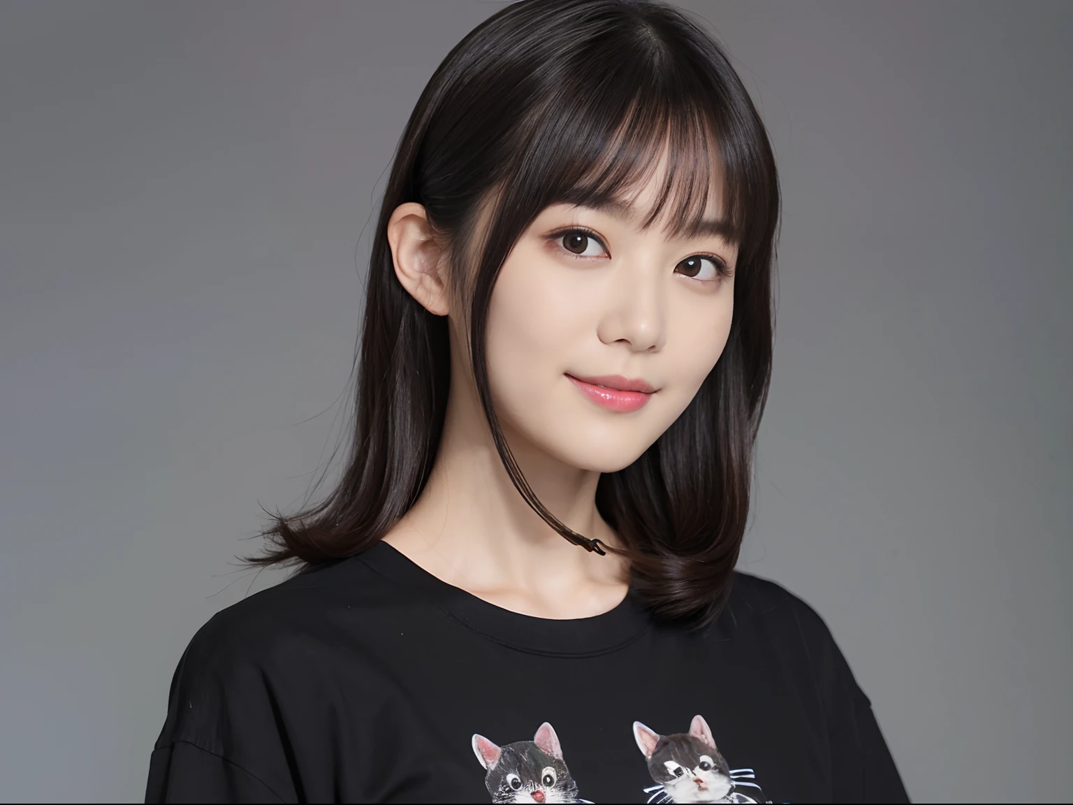 ((1womanl)),  (((Black Shorthair))), （masuter piece：1,3）、top-quality、​masterpiece、hight resolution、Original、highly detailed wallpaper、jeans、(Tie your hair with a large ribbon), (A slight smil)、a small face、((Full breasts))、(Graphic T-shirt with animal characters printed)、(Light on Face)、Live-action style, Beautiful facial features, darkened room, full-shot, full length