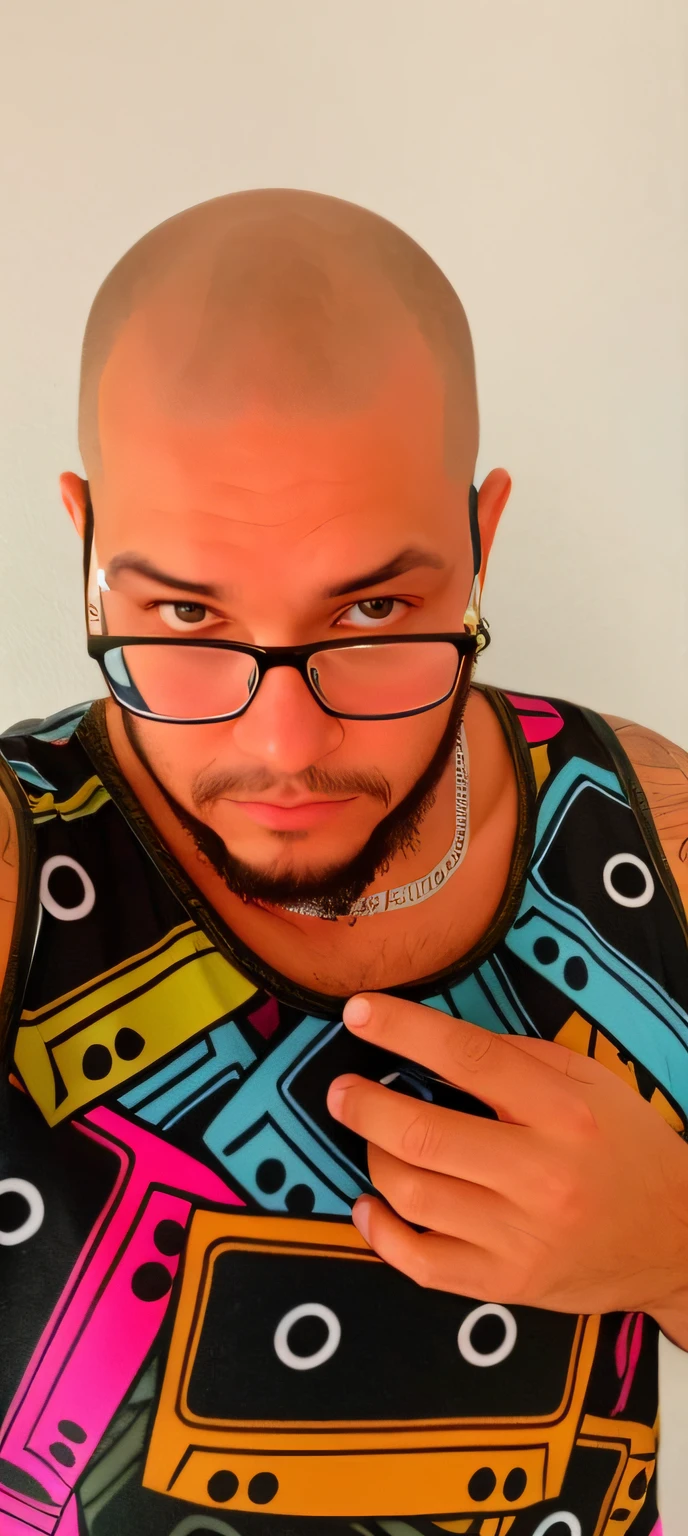 There's a man with a bald head and glasses posing for a photo, Streamer do Twitch / Jogador Ludwig, com nerd! glasses! e cavanhaque, Msxotto, album photo, with nerdy glasses and goatee, foto de perfil headshot, inspirado em Samuel Silva, imagem do avatar, inspired by Antônio Parreiras, usando uma camiseta regata de corte baixo DJ TOCANDO TAMBOR NO RIO DE JANEIRO