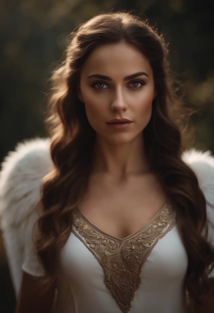photo realistic woman, woman brown eyes, brown hair, ultrahd, surrealistic style, angel, detailed face