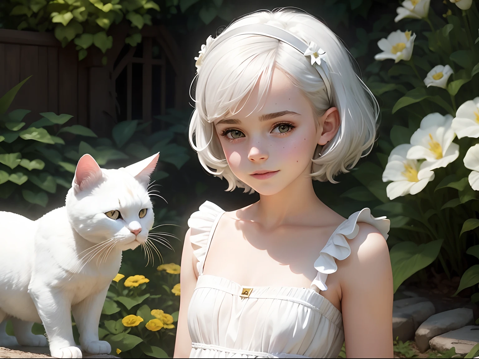 ten Emma Watson wearing a white strapless playsuit in the garden stroking a white cat, small bust, small chest, cute smile, white hair accessories, white bracelet. white hair.
