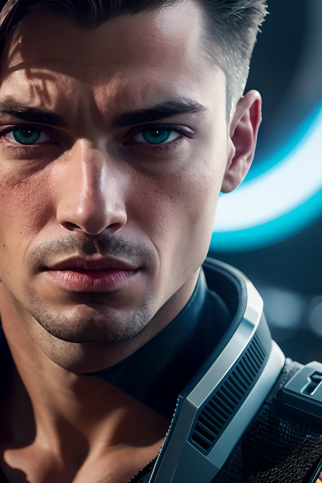 Hyperrealistic portrait of a (Homme cyberpunk), ((male)), (ebony) peau, detailded (An impressive red human eye and a bright cybernetic eye), robuste, Adaptatif (Half-human face, means seamlessly integrated cyber enhancements), (Futuristic cityscape illuminated by neon lights reflected in the cybernetic eye), with a detailed enigmatic face of Afro-descent, coupe militaire cheveux noirs, Corps entier (Costume cyberpunk moderne et fonctionnel), real, elegant, Realstic, hyper realistic, highly detailed, profondeur de champ, detailed and intricate, photographier, Disque dur, cinematic, dinamic lighting, (Bokeh), ((Gentil)), Reflection of the objective, (Rayons divins: 1.1), (Cinema effect), Gradient color progression, Motion picture film grain, (Dispersion souterraine) ,((detailed face and eyes)), (detailed iris:1.3)