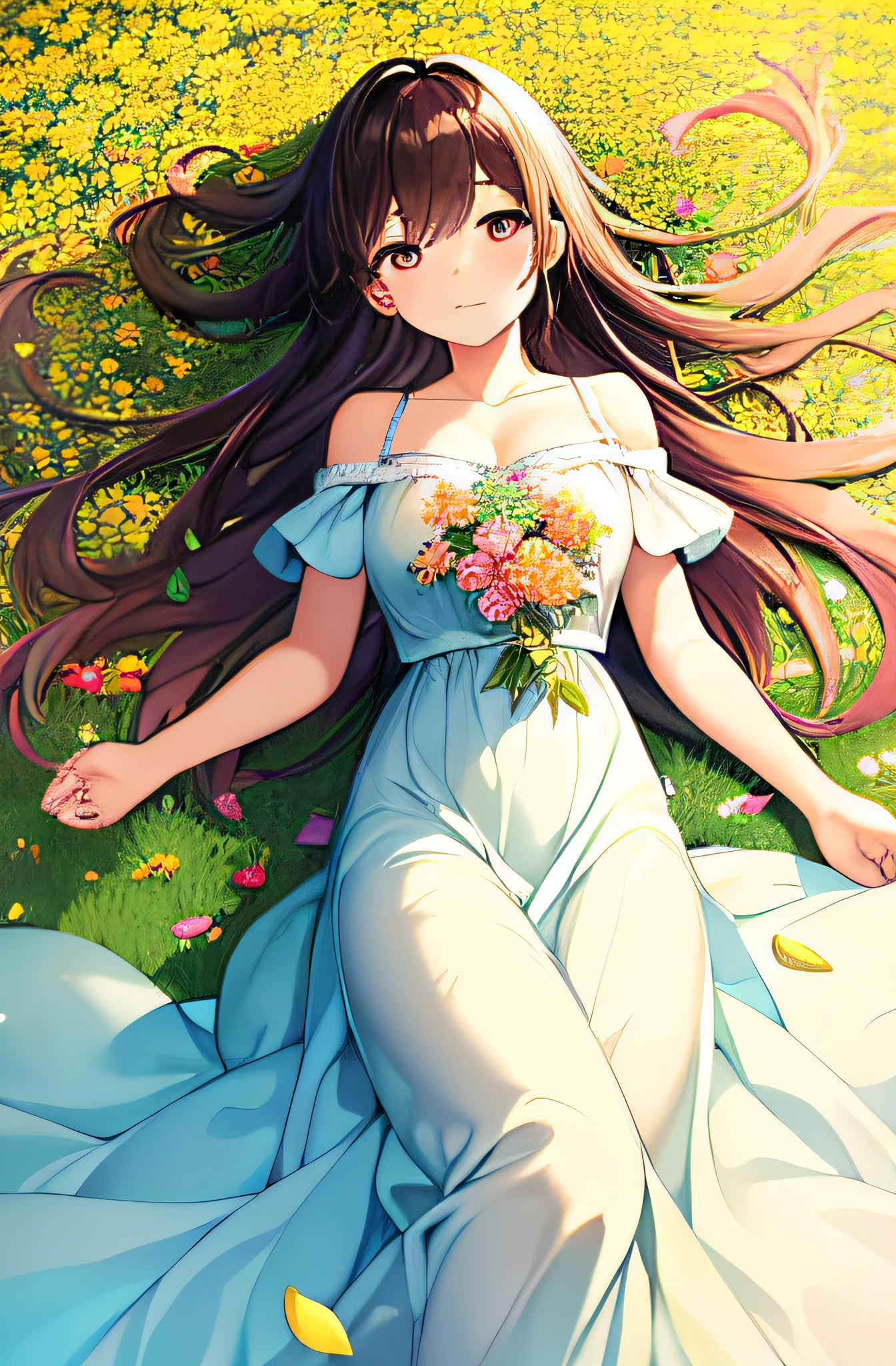 A girl in a flower field, lay on ground, birds eye view, oil painting, vibrant colors, dreamy atmosphere, soft sunlight, delicate petals, flowing dress, gentle breeze, joyful expression, natural beauty, blooming flowers, picturesque scenery, one with nature, lively and vibrant, peaceful ambiance, drenched in sunlight, surrounded by nature's beauty, tranquility, enchanting blossoms, vibrant and vivid colors, an ode to spring, a symphony of flowers, artistically composed, finely detailed petals, radiant and lively, an enchanting sight, lively and energetic, a masterpiece in bloom, the fragrance of flowers, a feast for the eyes, capturing the essence of nature. (best quality, highres, ultra-detailed), HDR, studio lighting