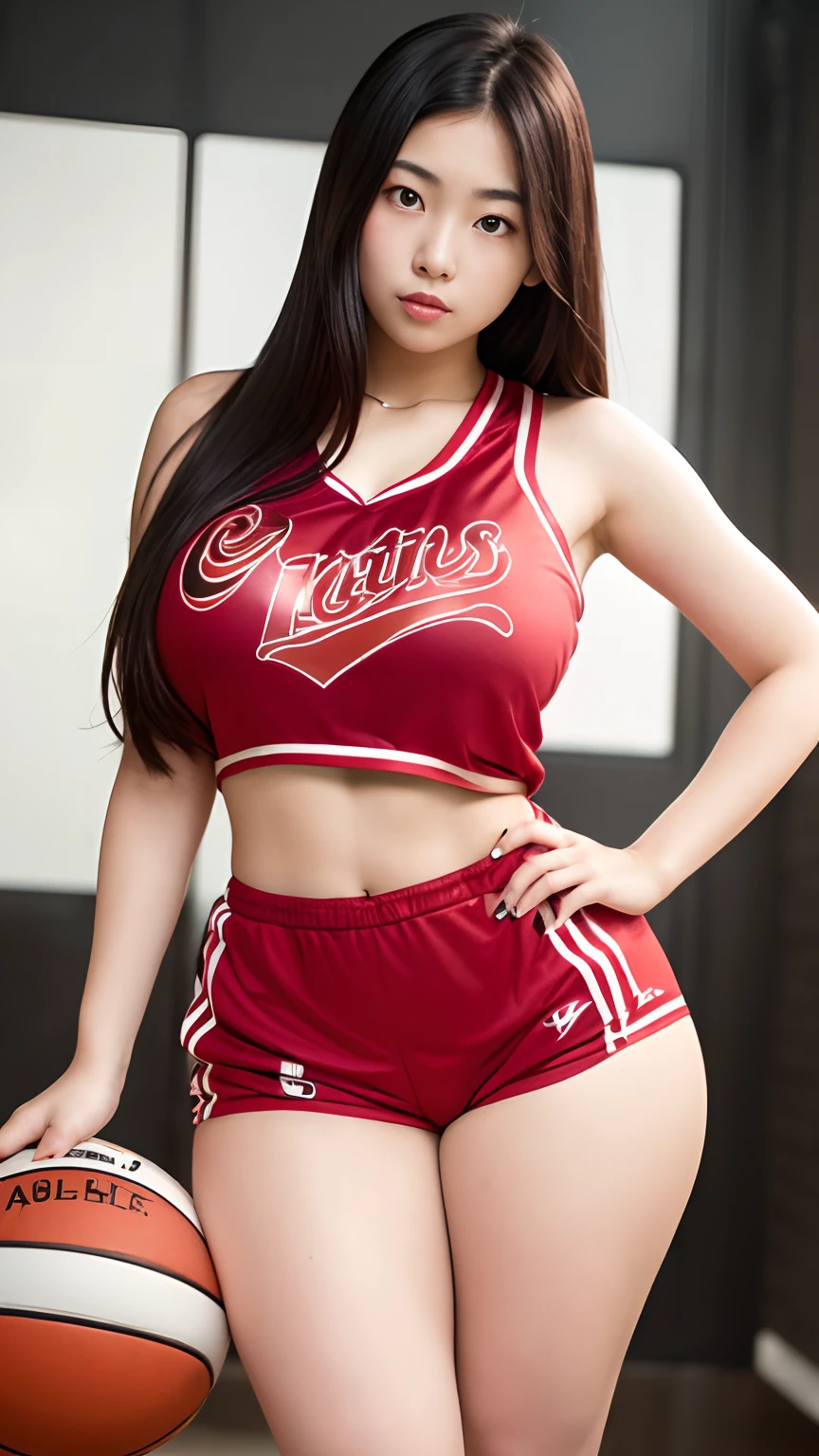 (an Asian girl wearing sexy red basketball outfit and shorts:1.1), (sexy:1.3), standing, (big breasts:1.2), (thick thighs:1.2), (seductive:1.2), (beautiful face:1.2), (slim:1.2), slightly bending over