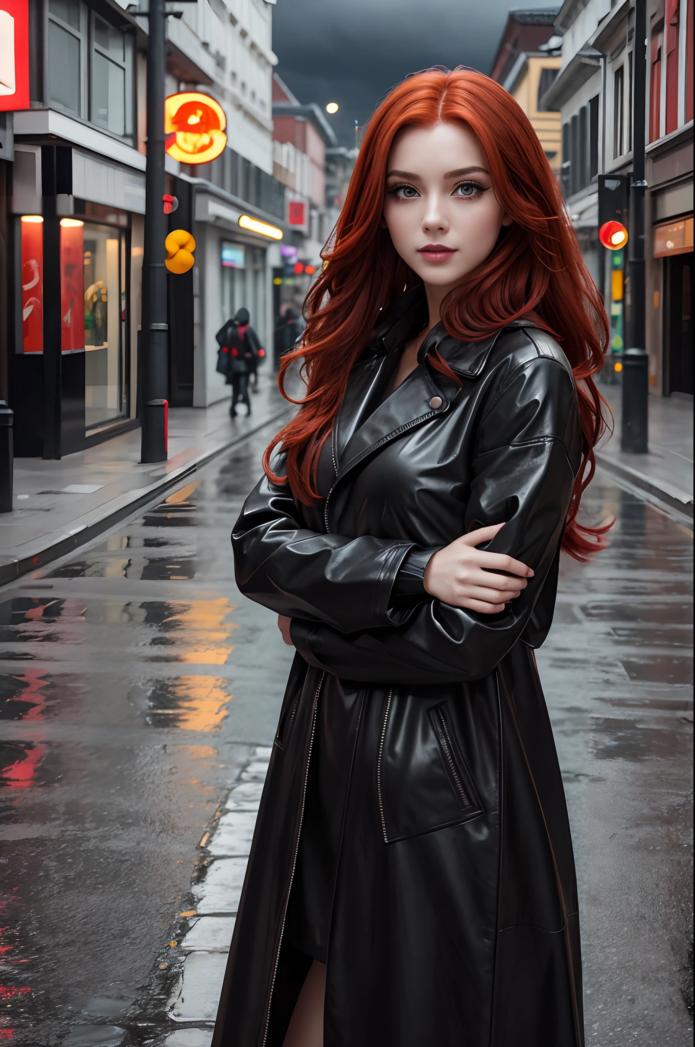 handsome girl, leather black long raincoat, Long red hair, cunning playful expression on his face, Bright make-up, Empty City Street, A cloudy day, photographic quality.