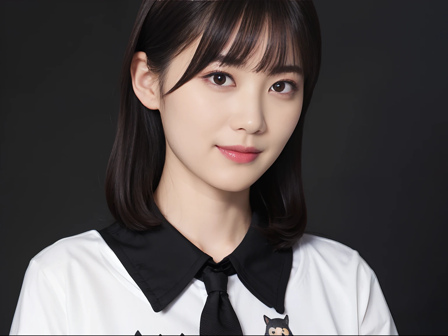 ((1womanl)), (((Black Shorthair))), (masuter piece:1,3)、top-quality、masterpiece、hight resolution、Original、highly detailed wallpaper、jeans、(Tie your hair with a large ribbon), (A slight smil)、a small face、((Full breasts))、(Graphic T-shirt with animal characters printed)、(Light on Face)、Live-action style, Beautiful facial features, darkened room, full-shot, full length