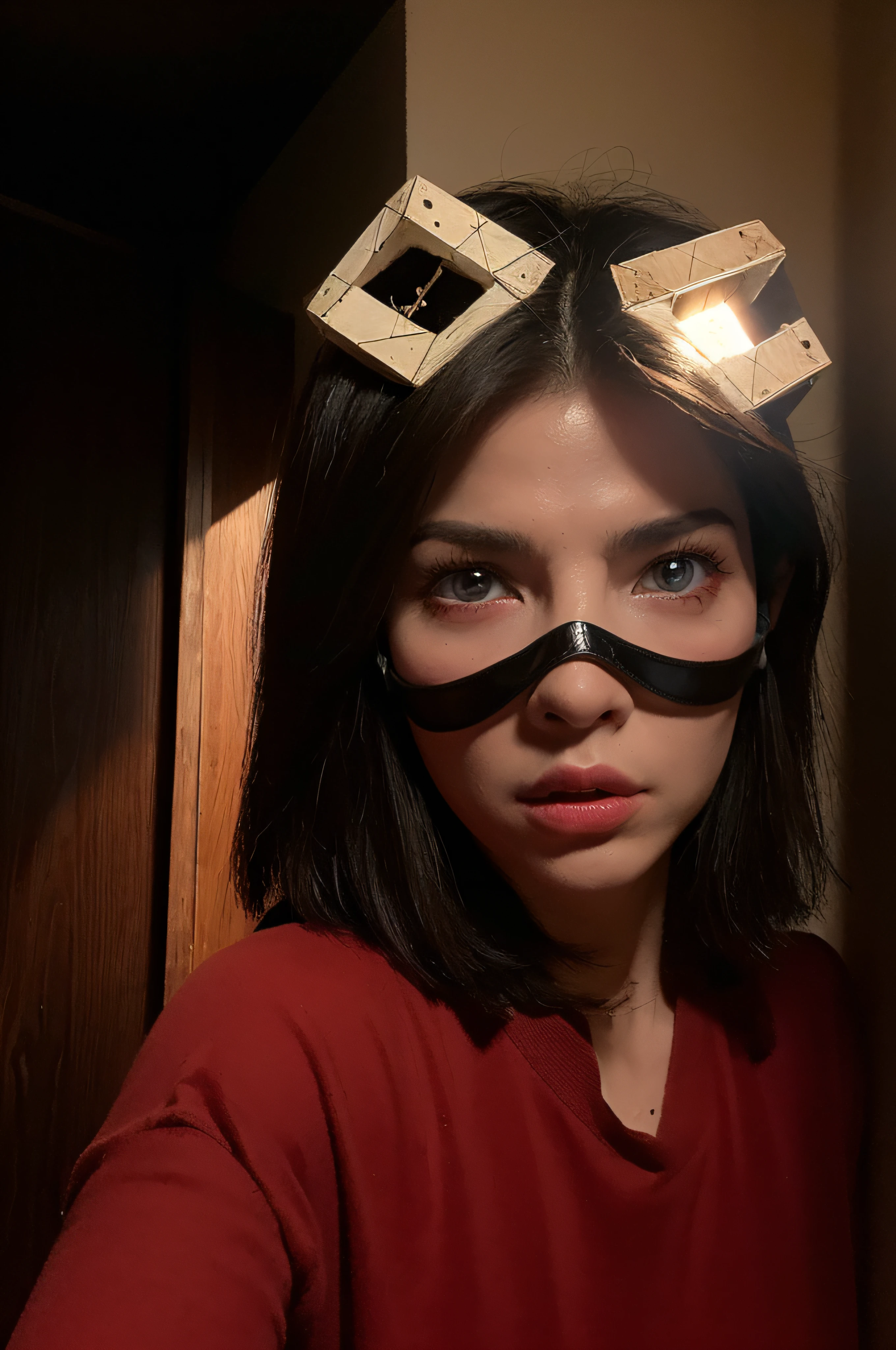 "(The best lighting, oscuro, dramatic),(Mujer, Depredador, Hellraiser, triste, Cicatrices, cerebro, sangre, una rata dentro de la cabeza, Horror mask.),(ojos rojos, calaveras). morning light.
