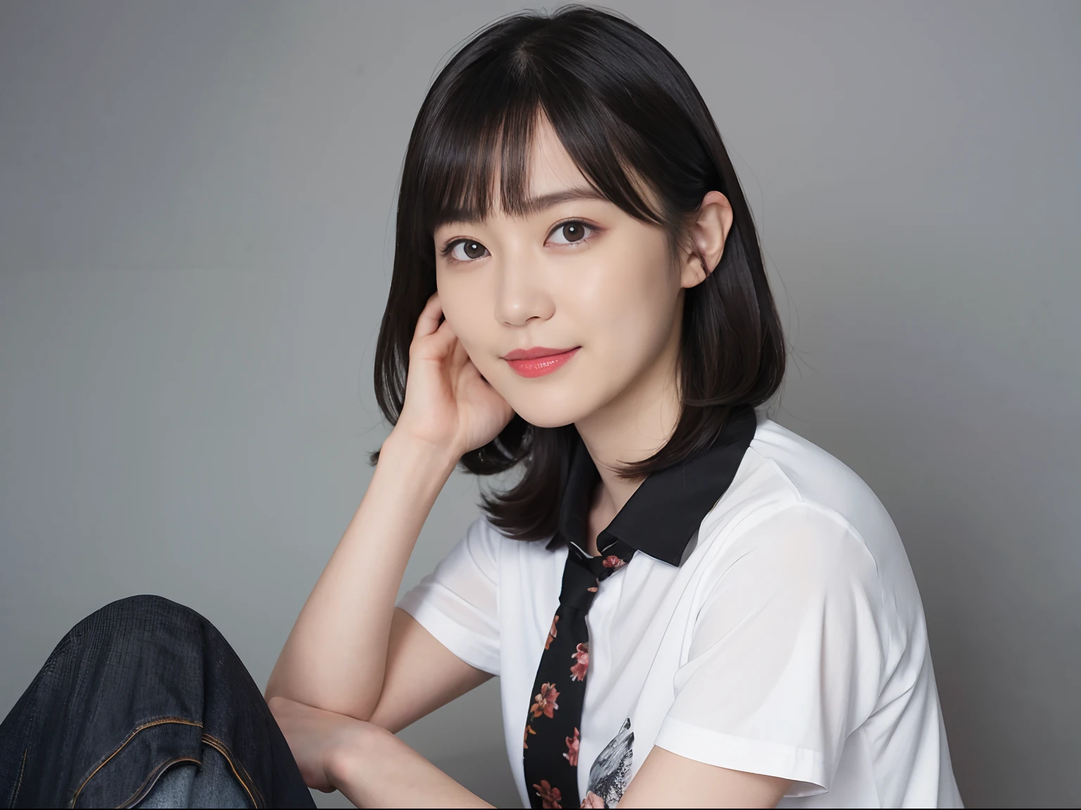 ((1womanl)), (((Black Shorthair))), (masuter piece:1,3)、top-quality、masterpiece、hight resolution、Original、highly detailed wallpaper、jeans、(Tie your hair with a large ribbon), (A slight smil)、a small face、((Full breasts))、(Graphic T-shirt with animal characters printed)、(Light on Face)、Live-action style, Beautiful facial features, darkened room, full-shot, full length