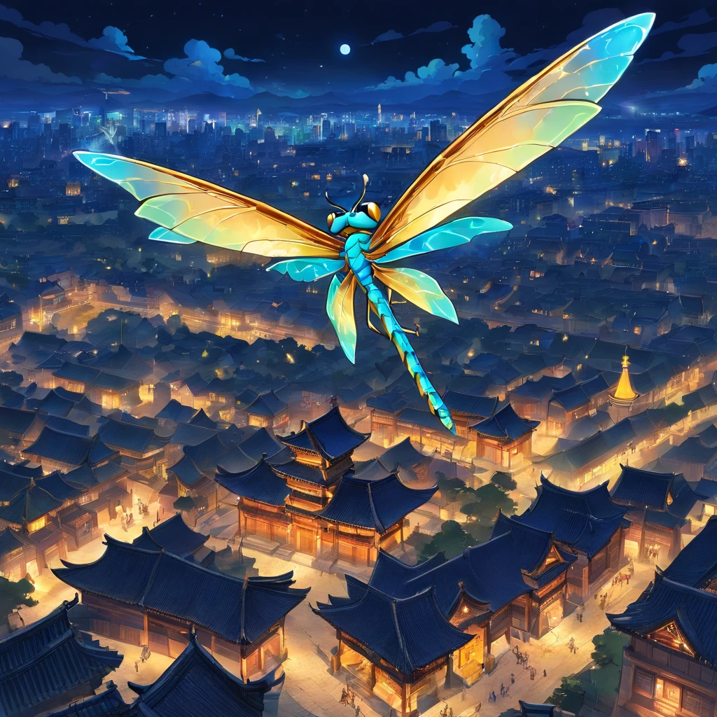 Chinese dragon flies very high above a huge city at night, image should have a lot of blue