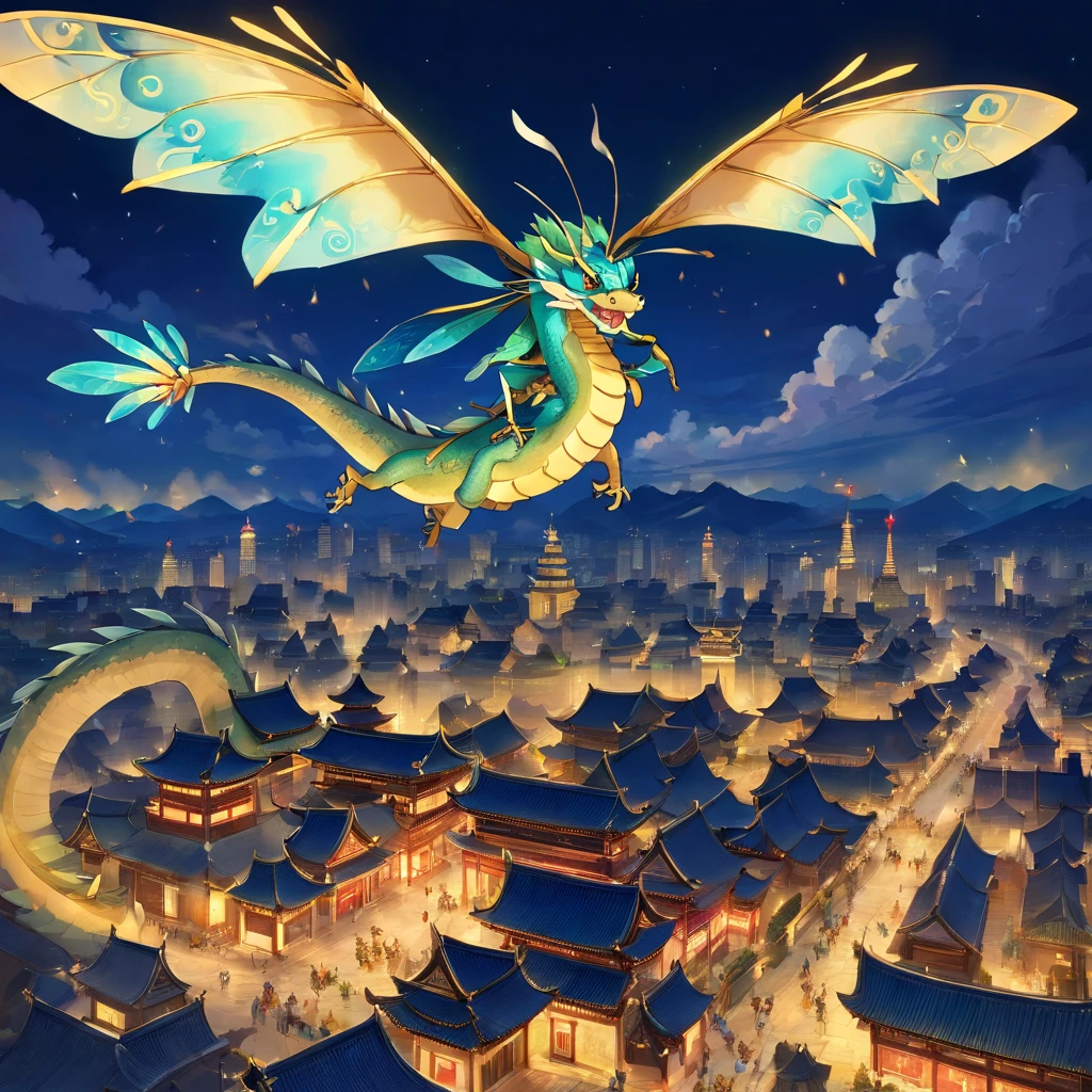 Chinese dragon flies very high above a huge city at night, image should have a lot of blue