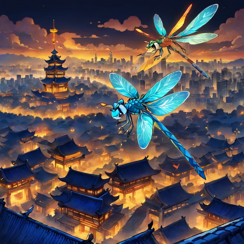 Chinese dragon flies very high above a huge city at night, image should have a lot of blue