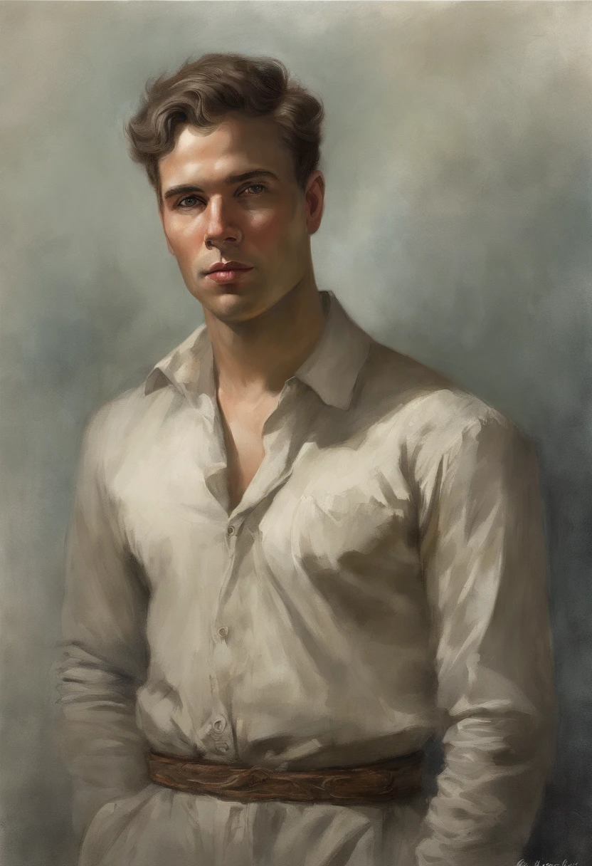 1man (frontal pose, front-facing pose:1.4), (completely naked:1.2), (shirtless, bottomless, exposed whole body:1.2) inside a 1900s bathroom, (very clear outline of the big penis:1.4) (front view, front body view:1.2) painting, by leyendecker, singer sargent