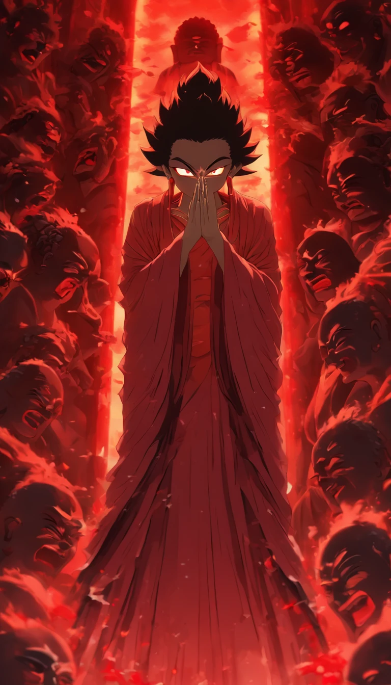Blood red room, Flashing white TV screen, BUDDHA STATUE, cabelos preto e longos, with hair dishevelled, Cover one eye and face, Bright red eyes, Wearing a white transparent robe, Looming full breasts,liquor,Devil, reaching out her hands,Straighten your body, Red nails are exposed, Pinch the camera, hyper HD, Anatomically correct, Textured skin, Super detail, High details, High quality, A high resolution, 8K, hyper HD, Anatomically correct, Textured skin, Super detail, High details, High quality, Best quality, 8K,Leishnampo,Room 2,Horror