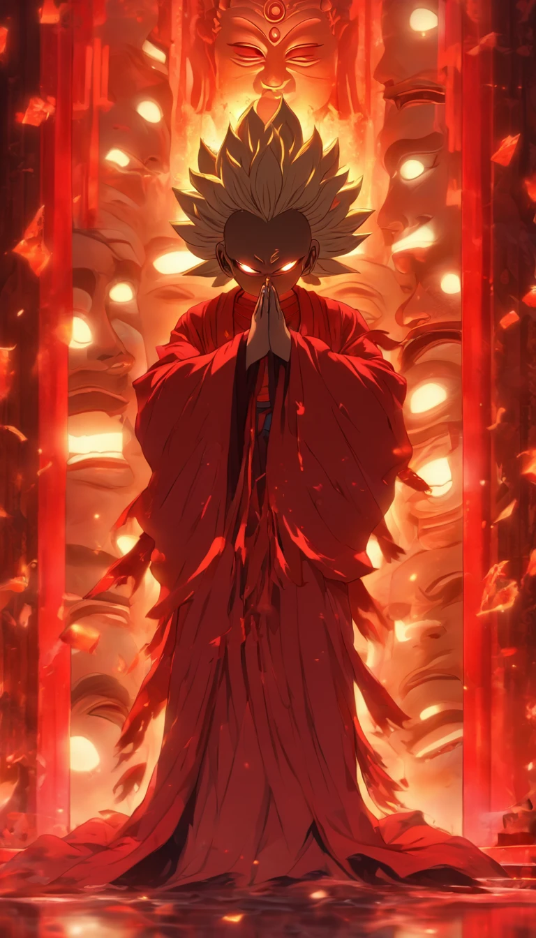 Blood red room, Flashing white TV screen, BUDDHA STATUE, cabelos preto e longos, with hair dishevelled, Cover one eye and face, Bright red eyes, Wearing a white transparent robe, Looming full breasts,liquor,Devil， reaching out her hands，Straighten your body, Red nails are exposed, Pinch the camera, hyper HD, Anatomically correct, Textured skin, Super detail, High details, High quality, A high resolution, 8K, hyper HD, Anatomically correct, Textured skin, Super detail, High details, High quality, Best quality, 8K,Leishnampo,Room 2,Horror