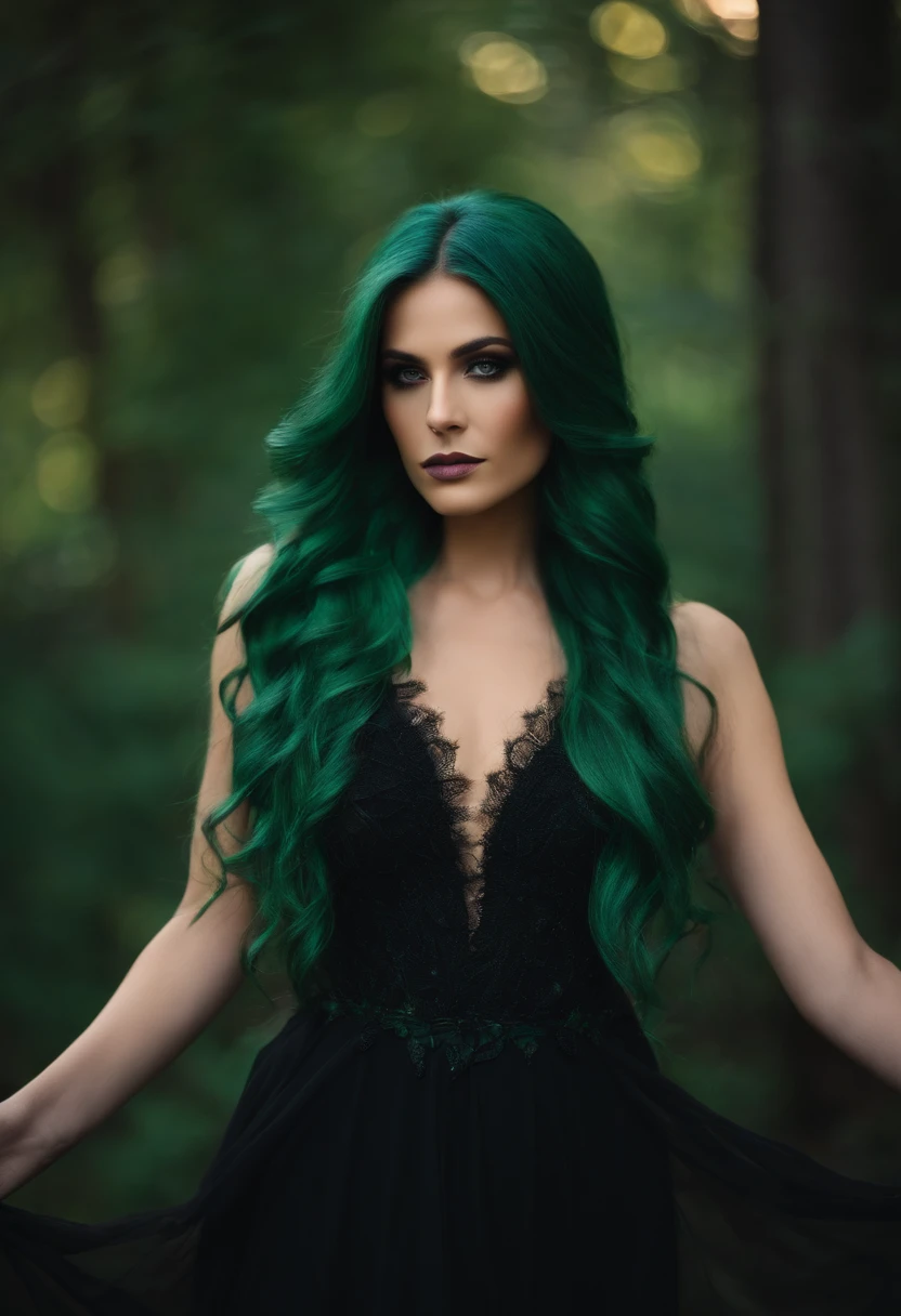 green long hair,kblack eyes,black dress