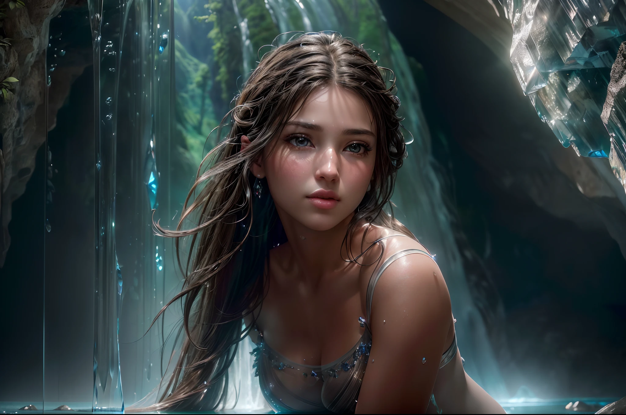 (best quality,4k,8k,ultra highres,masterpiece:1.2),ultra-detailed,(realistic,photorealistic,photo-realistic:1.37)Photorealistic rendering of a girl under a cave waterfall, ((crystal-clear reflections)), striking realism, dramatic lighting, intricate details, breathtaking scenery, raw beauty, photographic precision