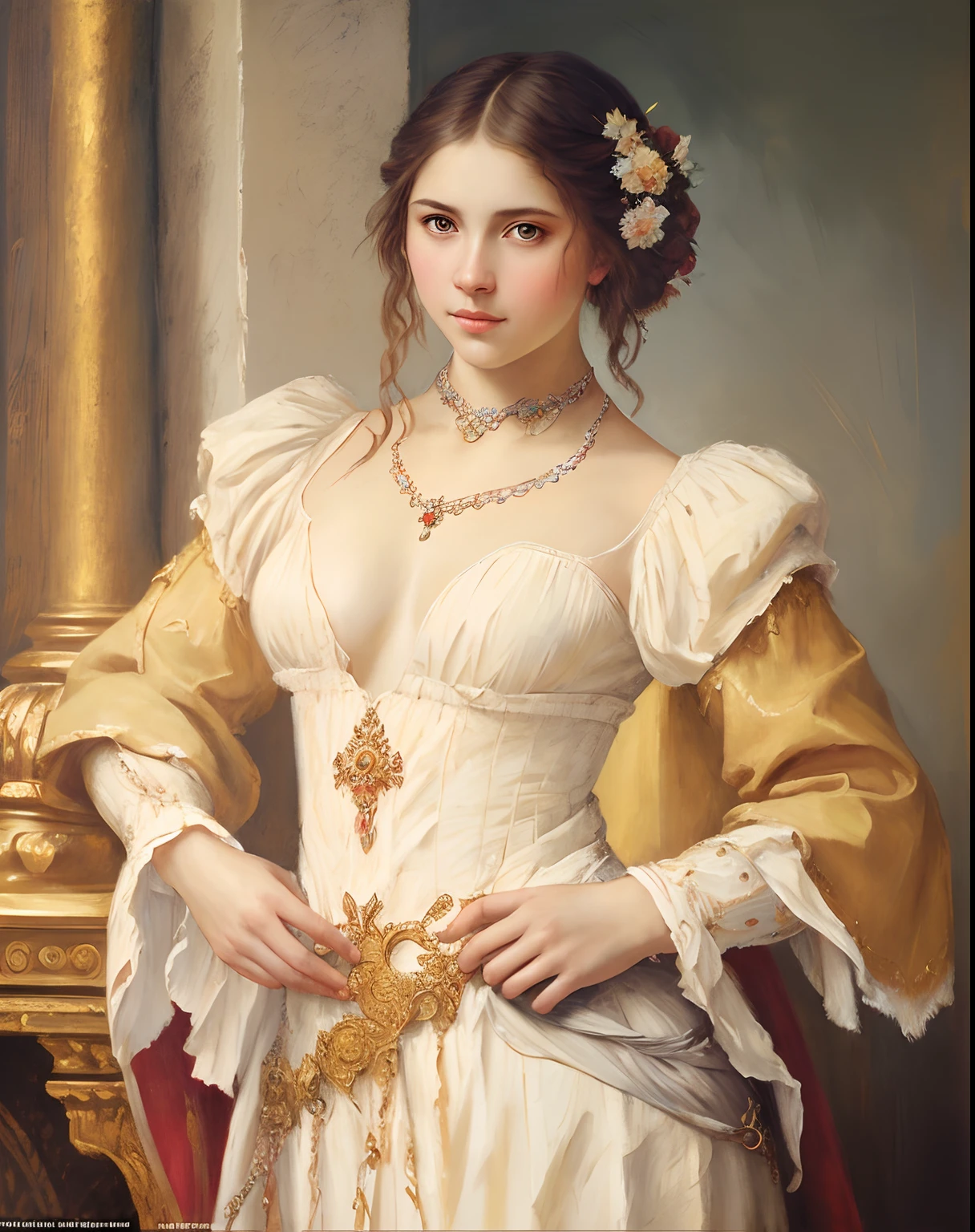 Masterpiece, portrait, girl, middle ages, classicism, andrey atroshenko style, painting, traditional media, realistic, figurative, fine art, oil on canvas, HDR, 8K, original character, high resolution, high detail, focus on the face, intricate, flawless
