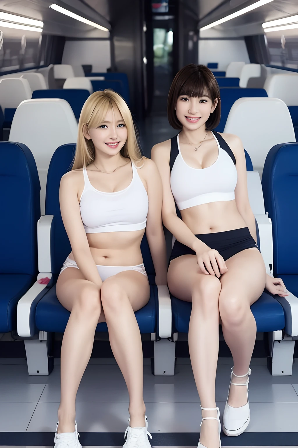 2girls, 16 K, Best Quality, 超A high resolution, Tennis Wear, Train interior, Sitting, Full body, Legs, thighs thighs thighs thighs, (Panties:1.2), Skirt lift, lifted by self, look looking at viewer, Seductive smile, Black Short Bob Hair, BREAK,Blonde long hair, JK train opposite ,Realistic, Lips, Slender thighs, Slender legs,
Open knees
