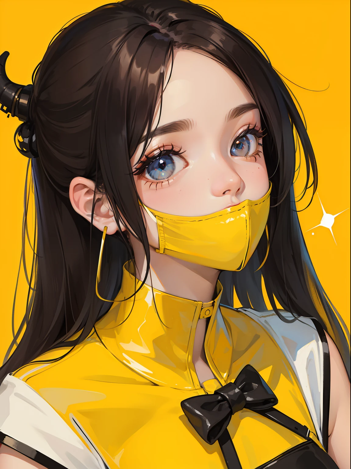 Chica con cabello largo y amarillo, ojos amarillos, Vibraciones futuristas, mask in the mouth, auriculares, 8k, alta calidad, Fondo simple, ojos brillantes, Buena pose