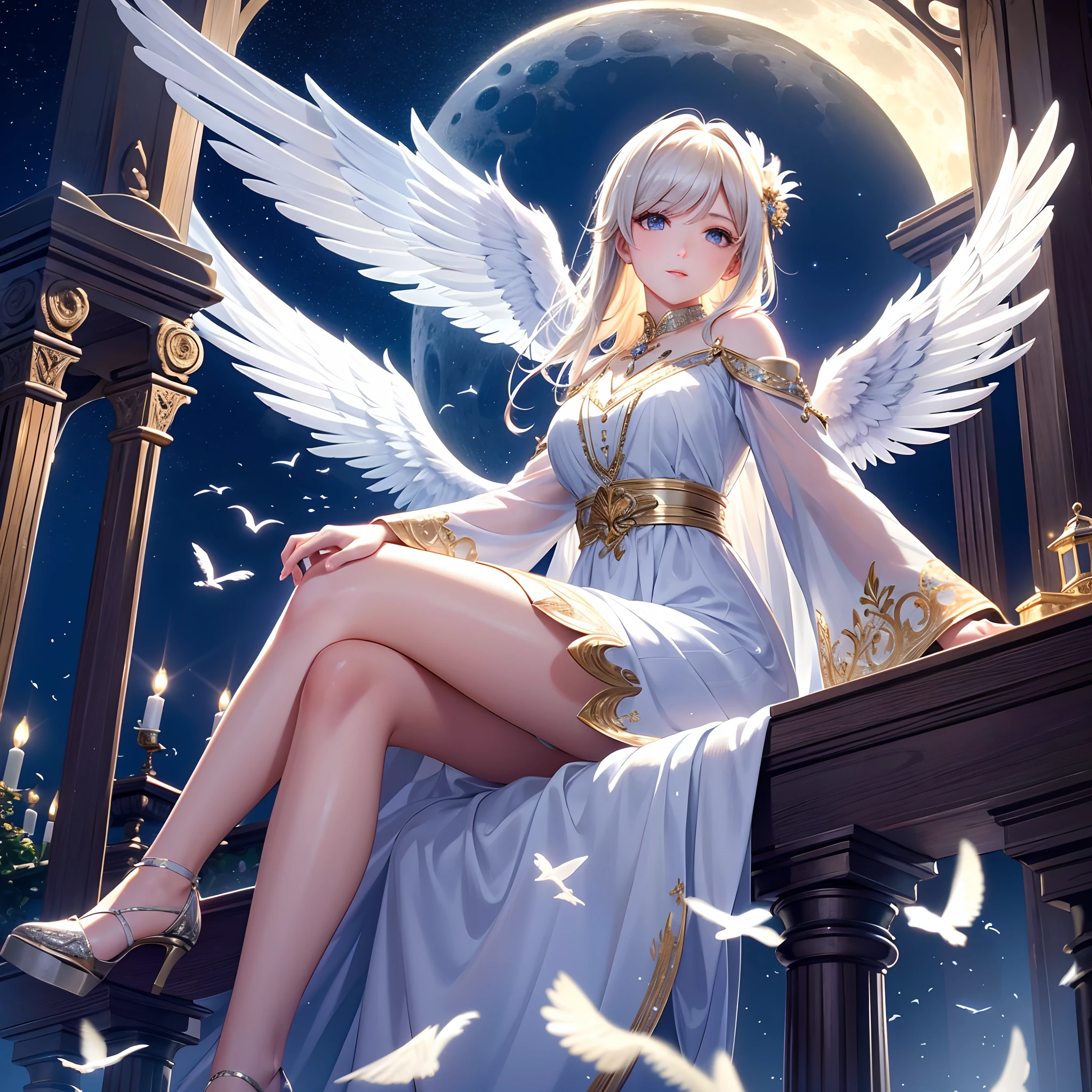 cute angel with feathered wings looking to the night sky, ((gorgeous face)),  sitting on the outer egde marble gazebo at night garden and surrounded by white litle birds flying around her, all illuminated by the moon, intricate detailed, professional lighting, high definition, 8k, studio light