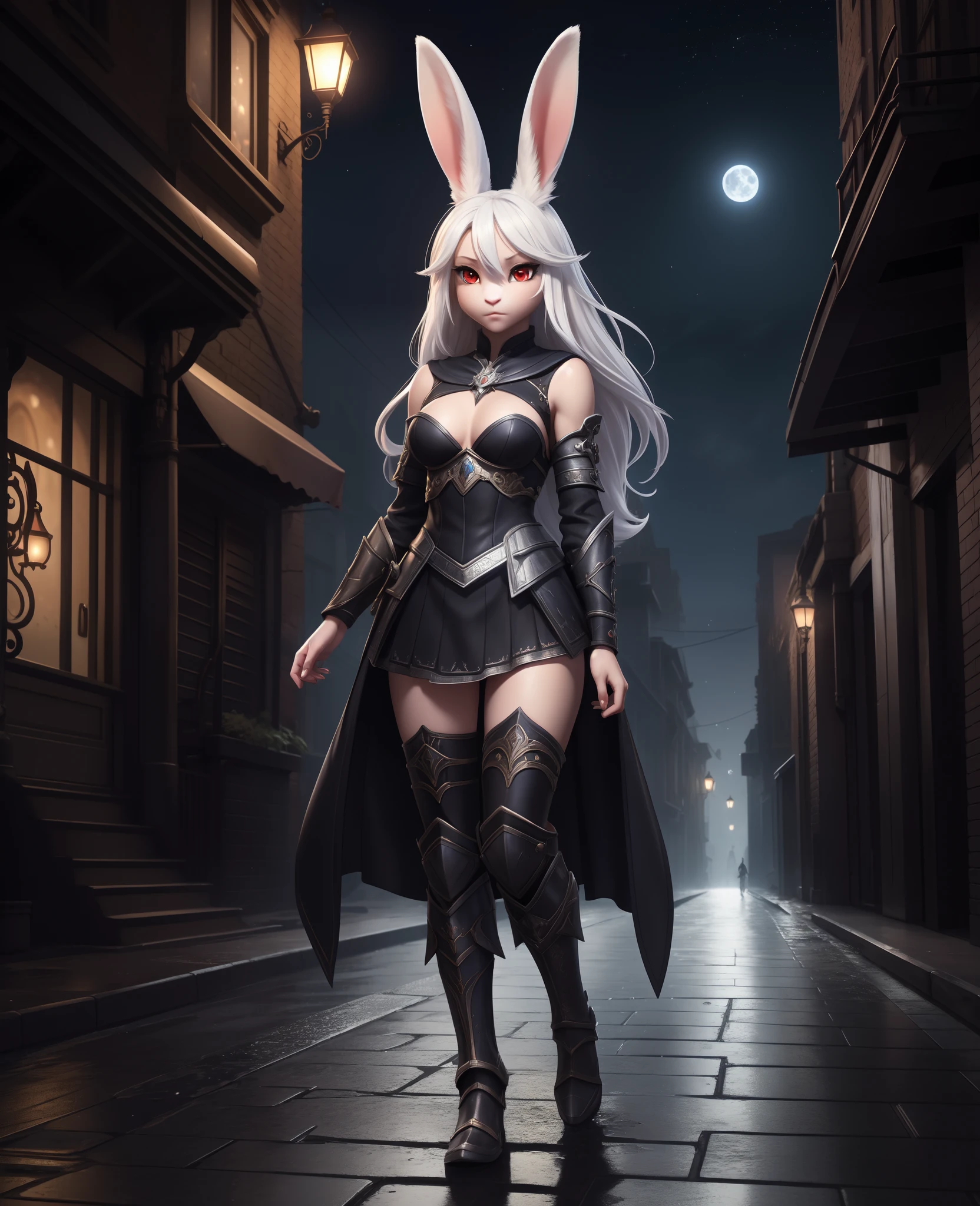 (masterpiece, best quality), intricate details, 8k, artstation, wallpaper, official art, splash art, sharp focus,
(anthro rabbit girl, full body fur, white furrabbit ears:1.2),, (1girl), white hair, red eyes, petite, thin figure, small breasts, long flowing white hair, messy hair,
mage, arcane ritual, gloomy back alley, city streets, wet pavement, night time, stars in sky, moonlight,
floating magical tome, War_Glam, wearing War_Glam, black armor, silver filigree, pauldrons, armored skirt, dark theme,