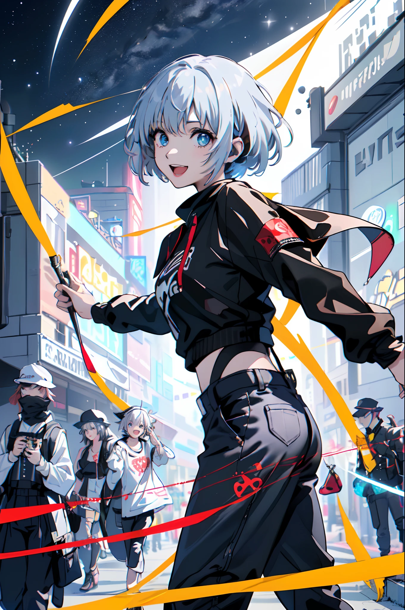 highest qualityr、Calidad de imagen superior、obra maestra、girl with((18yr old、El ombligo negro revela la sudadera con capucha de manga corta、pantalones blancos、Mejor busto、Busto 85、Cabello plateado、Atajos alterados、ojos azules、Pecho abierto de par en par、felicidad、Accesorios de cadena、Ponte los auriculares、bailar))HiQuality、Arte visual、Antecedentes con((Virtual en vivo))、Masutepiece, vestida como pennywise,