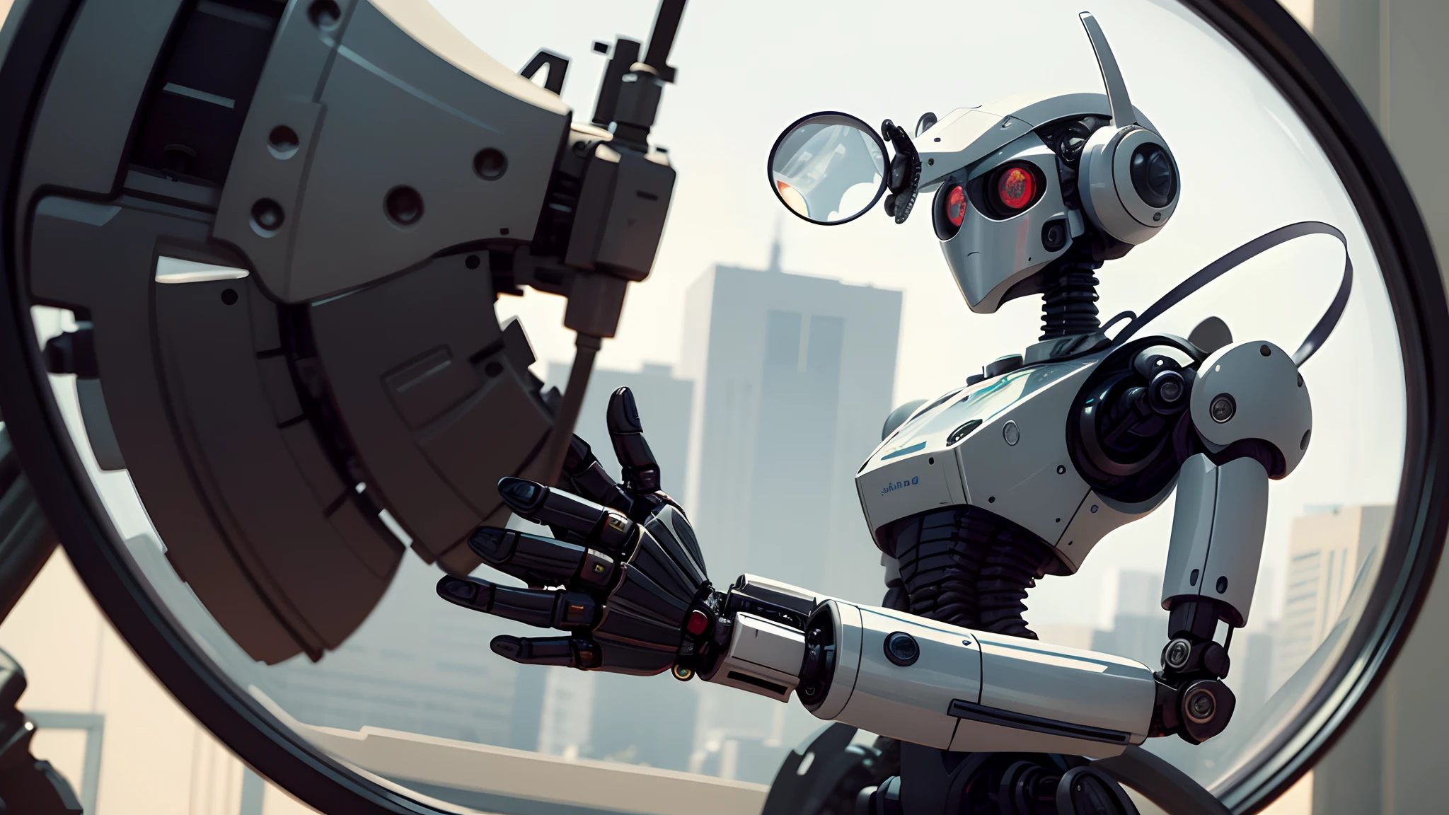 Masterpiece, Best quality, Robot with a magnifying glass
