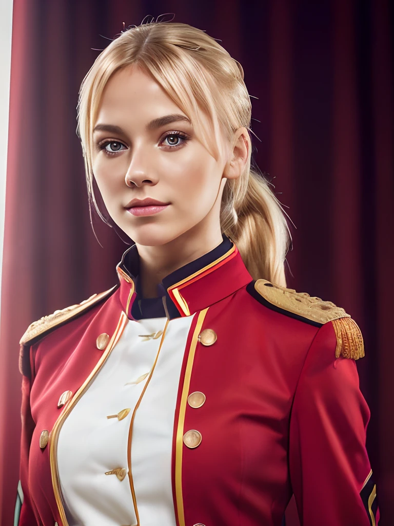 (liscia,1girl,red uniform,blonde hair,photography,portrait,8k,germany girl,half body,ponytail,highly detailed skin pores,half body shots, zoom out,elegant pose),(best quality,ultra-detailed,realistic:1.37),vivid colors,studio lighting,sharp focus,portraits, red coat collars, fix image