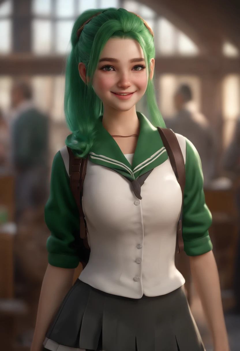(8K), (Best Quality: 1.2), (Realistic), (Photorealistic: 1.37), extra high resolution, 1 girl, Cute, Smile, closed mouth, beautifull details, beautiful nose, full - body, green hair in a ponytail,Colossal Dalsefo, Pork, school uniform, thights