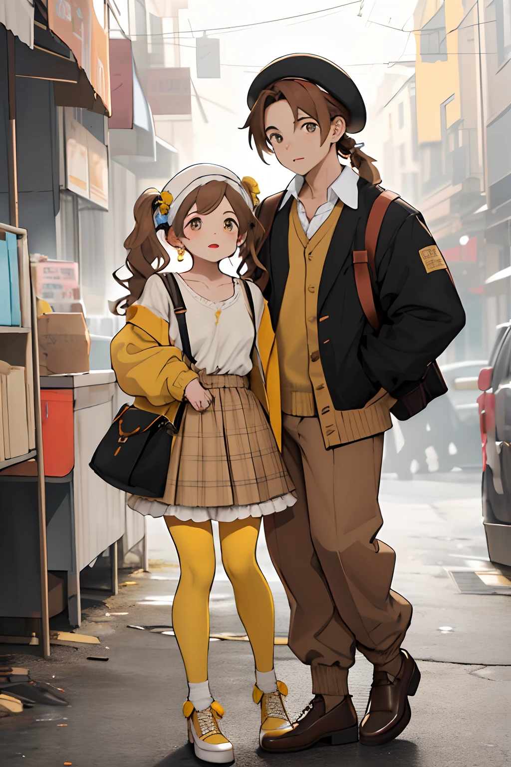 Una sala de baile con dos personas bailando (Primera persona : Chica alta con piel blanca, wavy brown hair half up and half down pigtails, Algunas pinzas para el pelo amarillas surtidas, A beret on the head of a big brown newspaper seller, Under the beret a headband of large pompom ears fallen from a cute yellow puppy, on top of the beret a stuffed animal of Pompo slurry, Pompon Purin Dress Yellow Cardegg White Tights and Classic Brown High Heel Shoes for Women) (Segunda persona: Man with pale skin, Long brown and messy brown hair, shirt Pompo slurry yellow cardigan man, Pastel yellow and brown plaid pants, Brown bag on your back, ojos amarillos y una rosa amarilla en su boca)