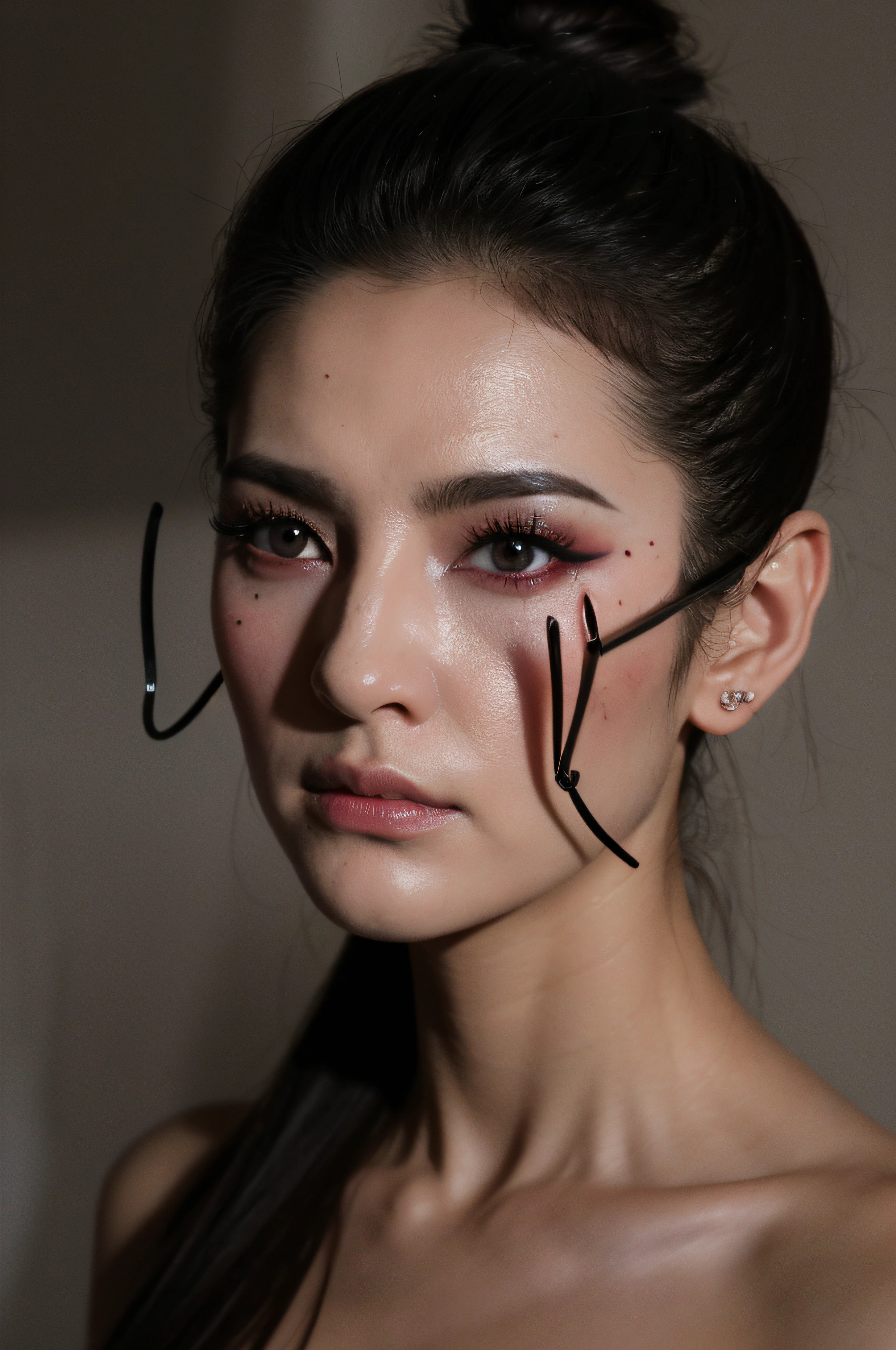 "(The best lighting, oscuro, dramatic),(Mujer, T-800, Hellraiser, triste, Cicatrices, , cerebro, sangre, una rata dentro de la cabeza, Horror mask.),(ojos rojos, calaveras). morning light.