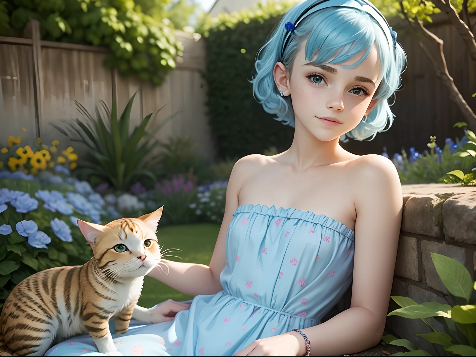 ten Emma Watson wearing a light blue floral patterned strapless playsuit in the garden stroking a tabby cat, small bust, small chest, cute smile, light blue hair accessories, light blue bracelet. light blue hair.