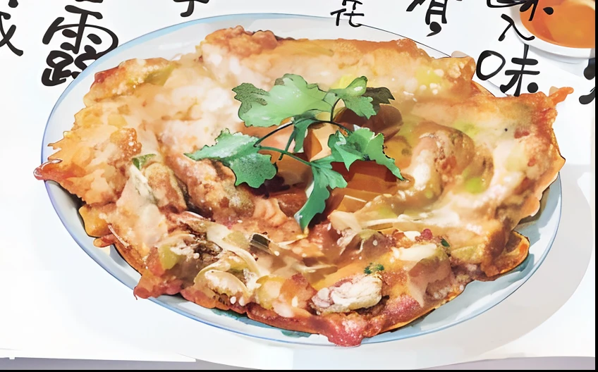 There was a plate of food with sauce and spoons, mapo tofu cartoon, author：Li Zai, Tempura on the panel, author：Central Plains South Tianfang, inspired by Tawaraya Sōtatsu, in style of pan ren wei, author：Kishiganku, inspired by Masamitsu Ōta, author：Asainaka