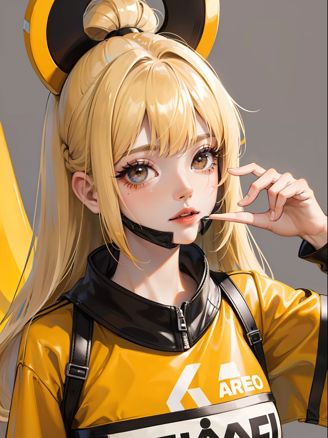 Chica con cabello largo y amarillo, ojos amarillos, Vibraciones futuristas, mask in the mouth, auriculares, 8k, alta calidad, Fondo simple, ojos brillantes, Buena pose