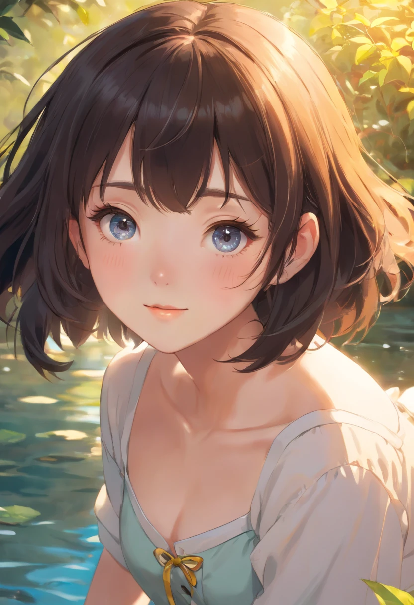 (RAW photo, best quality),(realistic, photo-realistic:1.3), masterpiece, an extremely delicate and beautiful, extremely detailed, CG, unity , 2k wallpaper, Amazing, finely detail, light smile, extremely detailed CG unity 8k wallpaper, huge filesize, ultra-detailed, highres, absurdres, soft light, short hair, short bang, black hair, floating hair novafrogstyle, beautiful detailed girl, detailed fingers, extremely detailed eyes and face, beautiful detailed nose, beautiful detailed eyes, long eyelashes, light on face, looking at viewer, closed mouth, 1girl, cute, young, mature face, full body, small breasts, realistic face, realistic body, beautiful detailed thigh, ulzzang-6500-v1.1, lora:koreanDollLikeness_v15, costume : collared shirt, black eyes