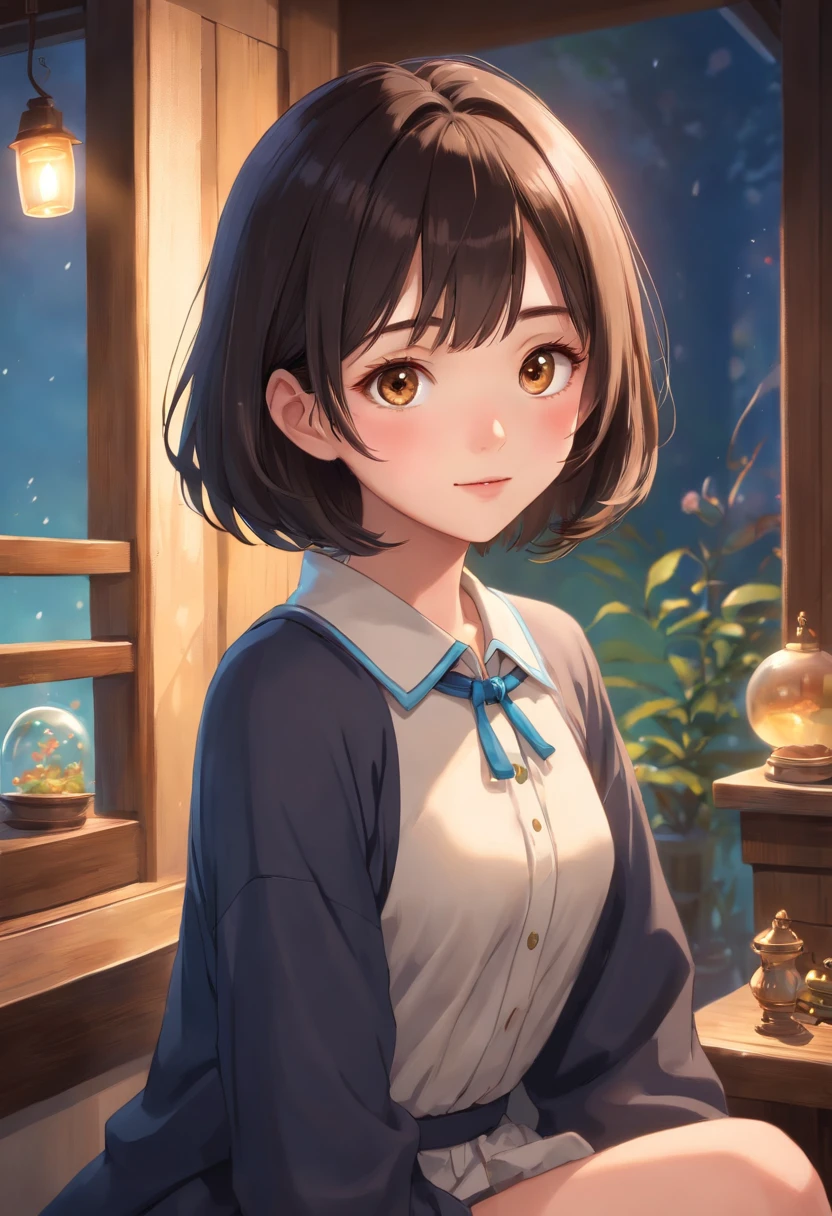 (RAW photo, best quality),(realistic, photo-realistic:1.3), masterpiece, an extremely delicate and beautiful, extremely detailed, CG, unity , 2k wallpaper, Amazing, finely detail, light smile, extremely detailed CG unity 8k wallpaper, huge filesize, ultra-detailed, highres, absurdres, soft light, short hair, short bang, black hair, floating hair novafrogstyle, beautiful detailed girl, detailed fingers, extremely detailed eyes and face, beautiful detailed nose, beautiful detailed eyes, long eyelashes, light on face, looking at viewer, closed mouth, 1girl, cute, young, mature face, full body, small breasts, realistic face, realistic body, beautiful detailed thigh, ulzzang-6500-v1.1, lora:koreanDollLikeness_v15, costume : collared shirt, black eyes