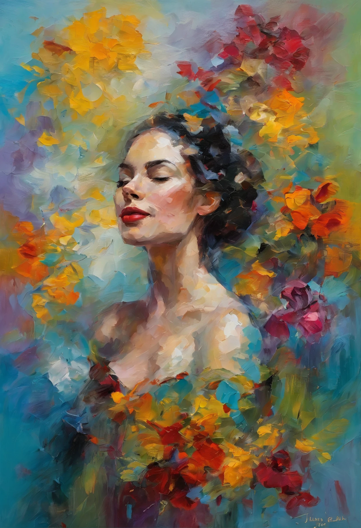 Art inspired by the quote "Life is not measured by the number of breaths we take, but by the moments that take our breath away." Bold and expressive brushwork, beautiful woman, vibrant colors, surreal elements, symbolism, art by Junyi Liu
