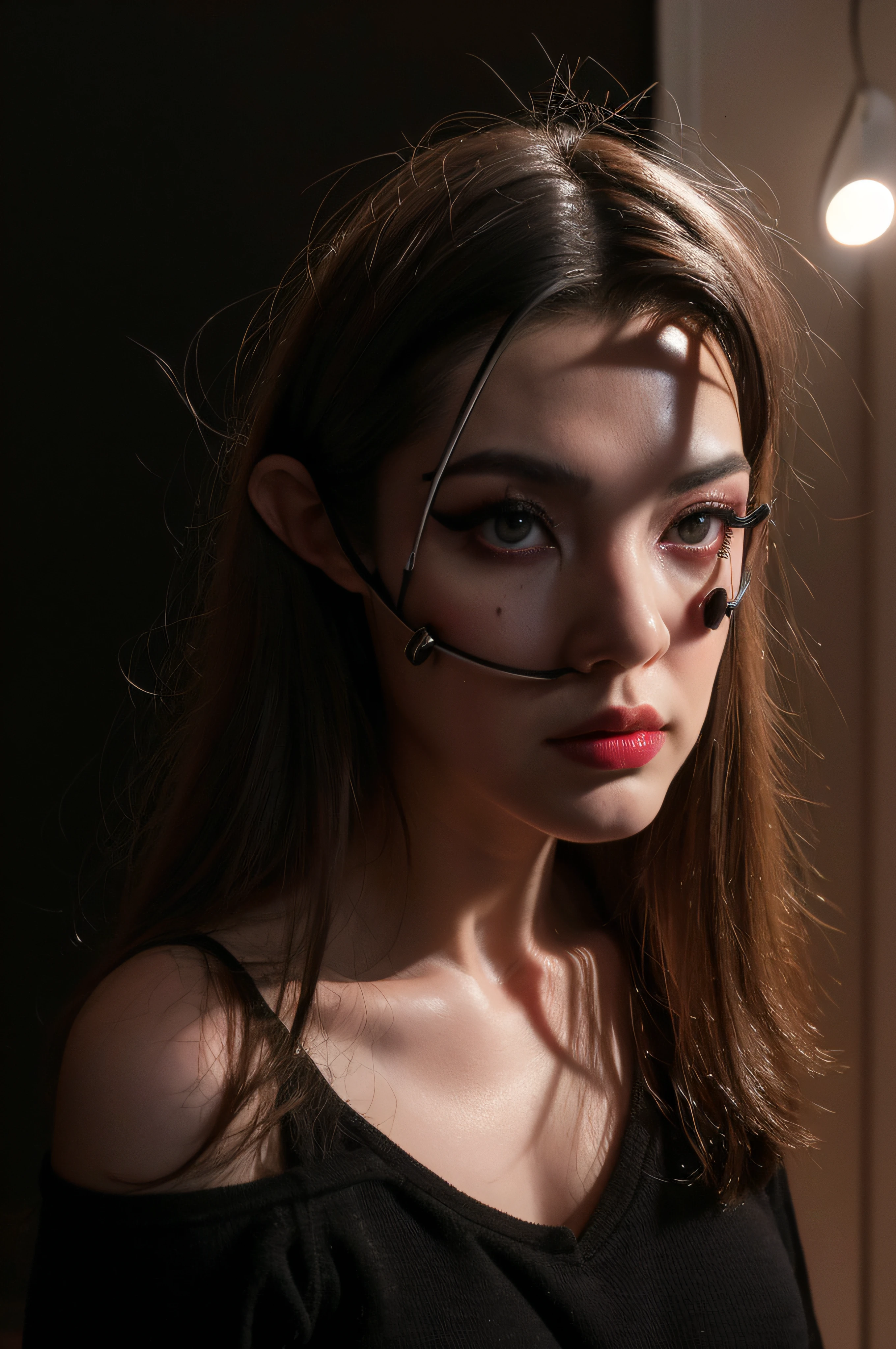 "(The best lighting, oscuro, dramatic),(Mujer, T-800, Hellraiser, triste, Cicatrices, , cerebro, sangre, una rata dentro de la cabeza, Horror mask.),(ojos rojos, calaveras). morning light.