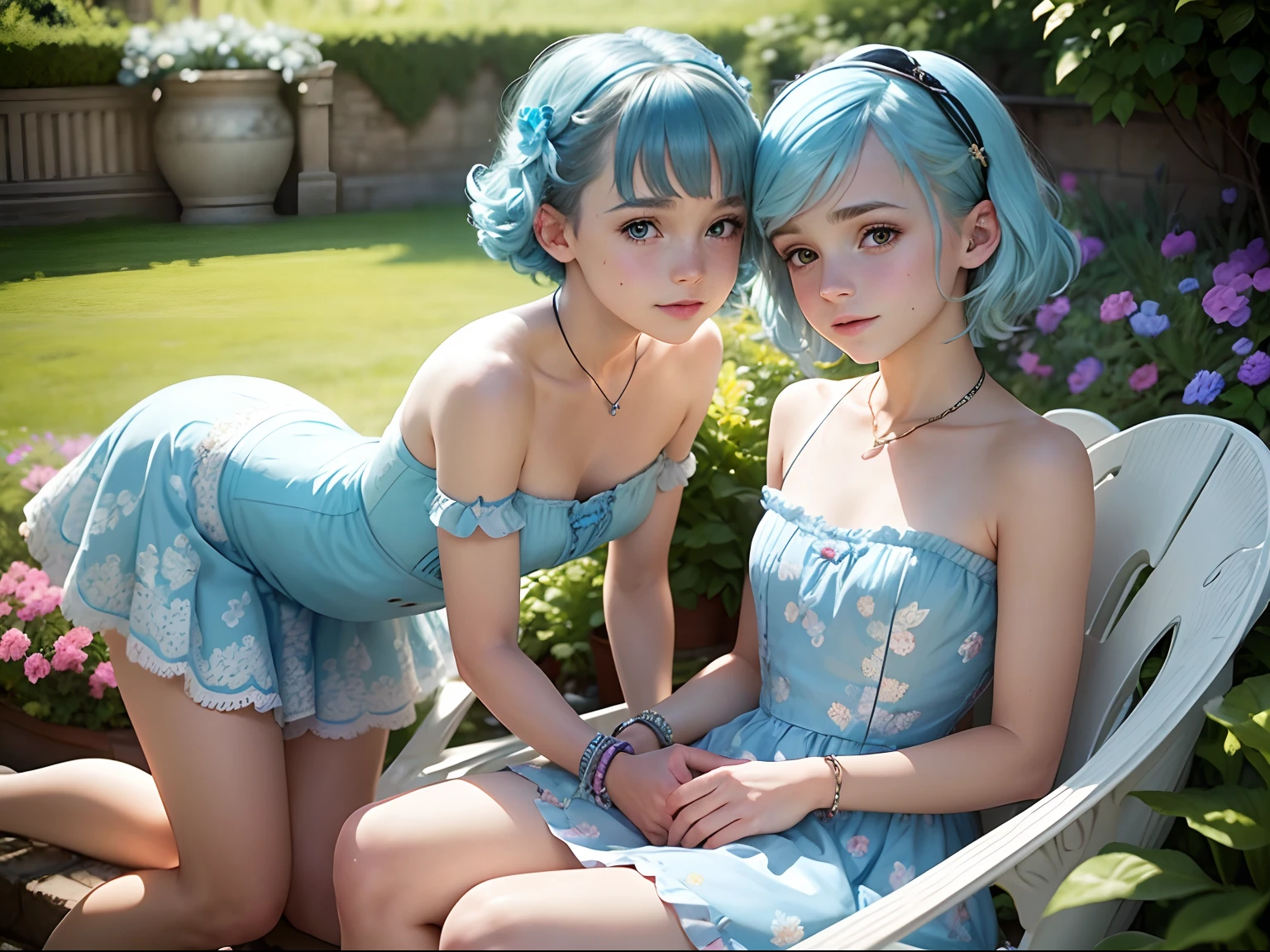 ten Emma Watson wearing a light blue floral patterned strapless playsuit in the garden stroking a light blue tabby cat, small bust, small chest, cute smile, light blue hair accessories, light blue bracelet. light blue hair.